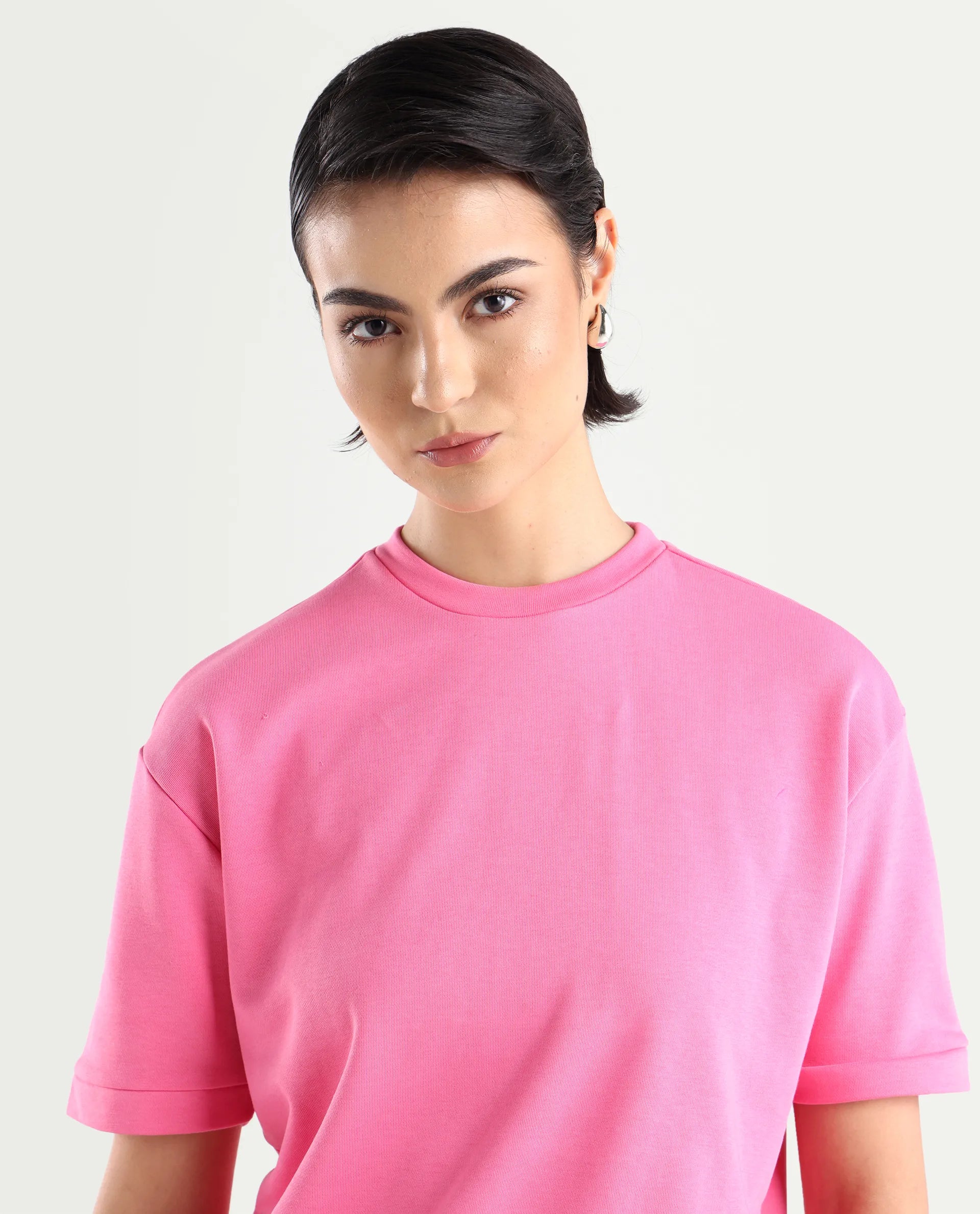 Rareism Women's Medium Weight Terry 290 Gsm Cotton Crew Neck Plain Relaxed Fit Sweat Tee