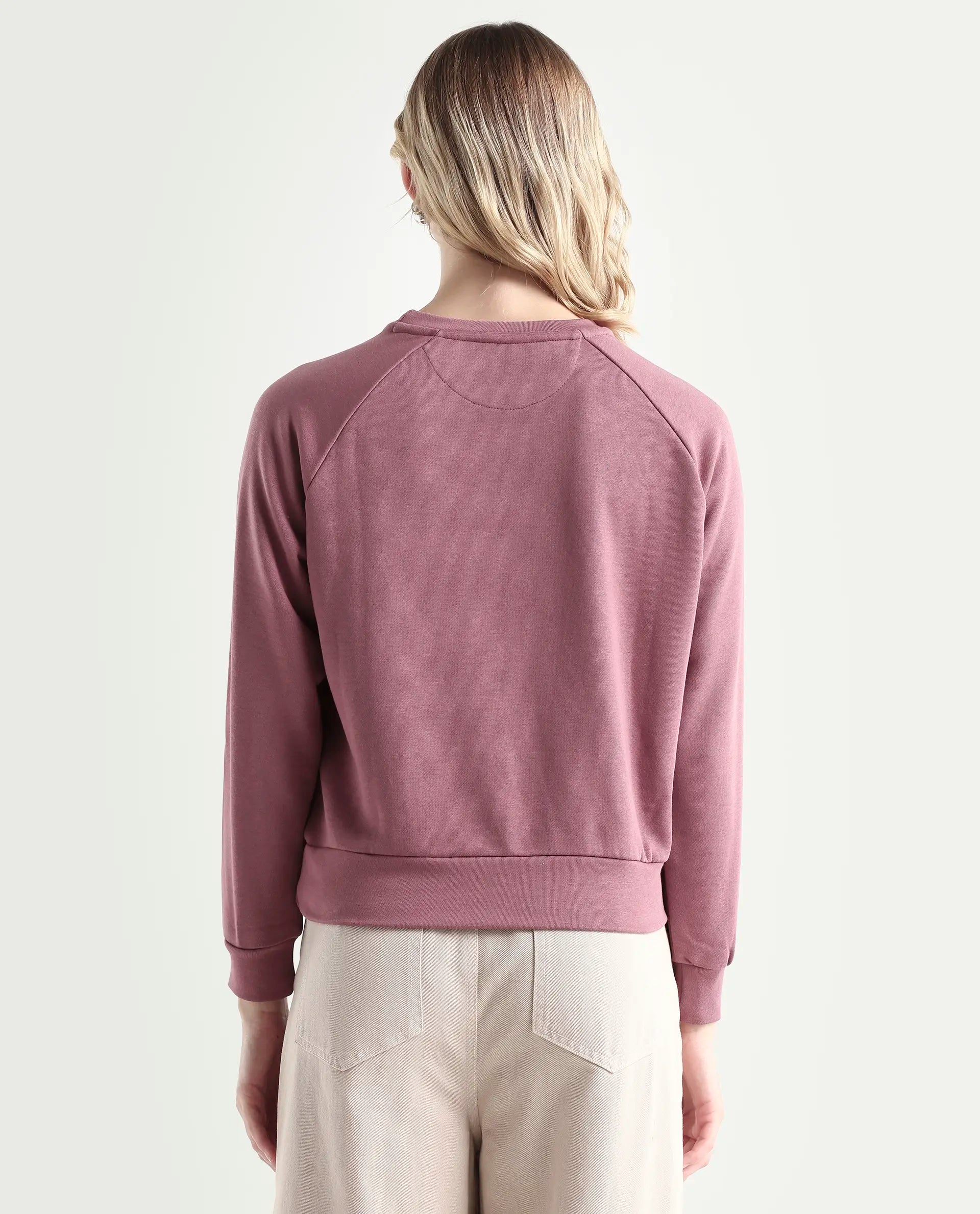 Rareism Women's Medium Weight Terry 290 Gsm Cotton Blend Crew Neck Plain Cuffed Sleeve Relaxed Fit Sweatshirt