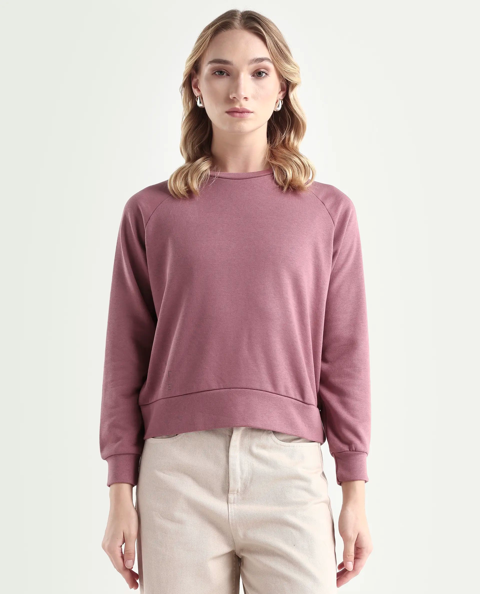 Rareism Women's Medium Weight Terry 290 Gsm Cotton Blend Crew Neck Plain Cuffed Sleeve Relaxed Fit Sweatshirt
