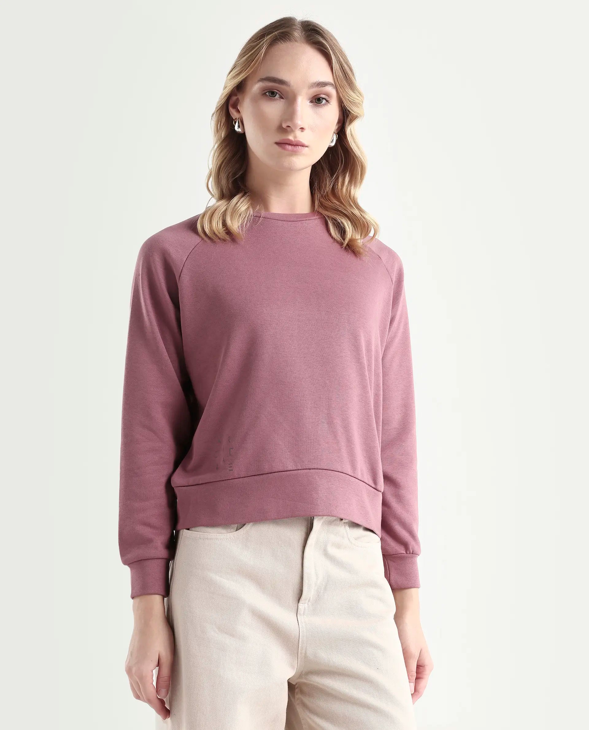 Rareism Women's Medium Weight Terry 290 Gsm Cotton Blend Crew Neck Plain Cuffed Sleeve Relaxed Fit Sweatshirt