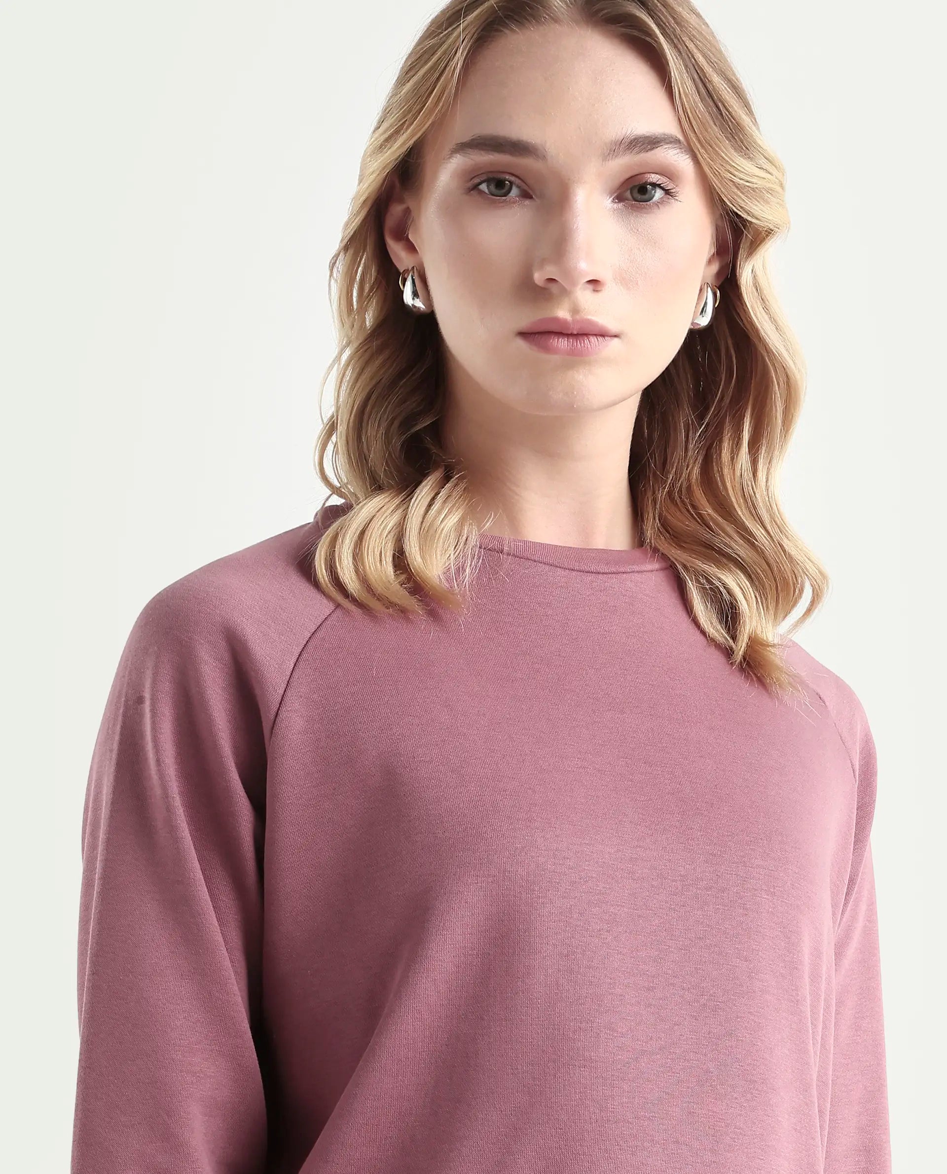 Rareism Women's Medium Weight Terry 290 Gsm Cotton Blend Crew Neck Plain Cuffed Sleeve Relaxed Fit Sweatshirt
