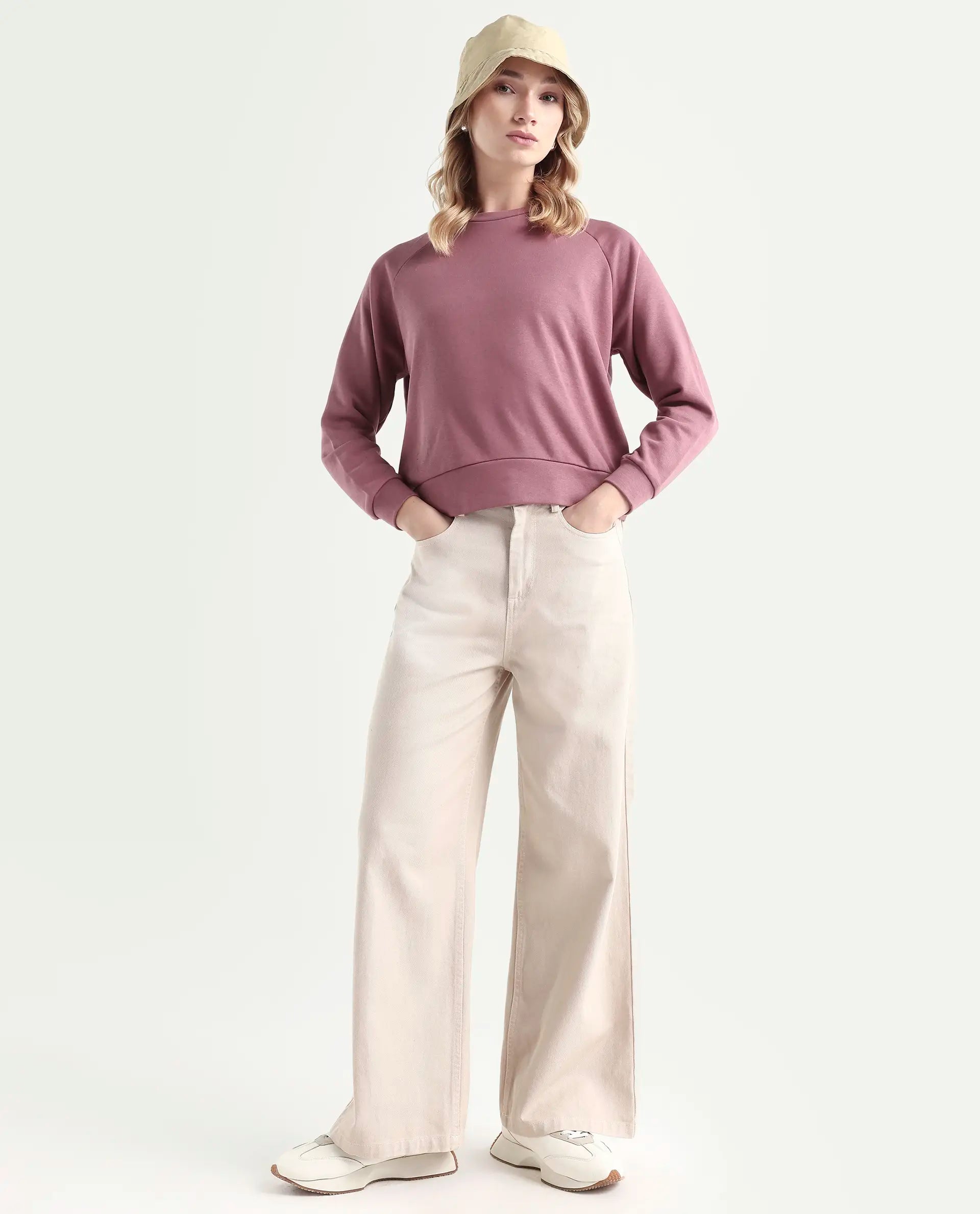Rareism Women's Medium Weight Terry 290 Gsm Cotton Blend Crew Neck Plain Cuffed Sleeve Relaxed Fit Sweatshirt