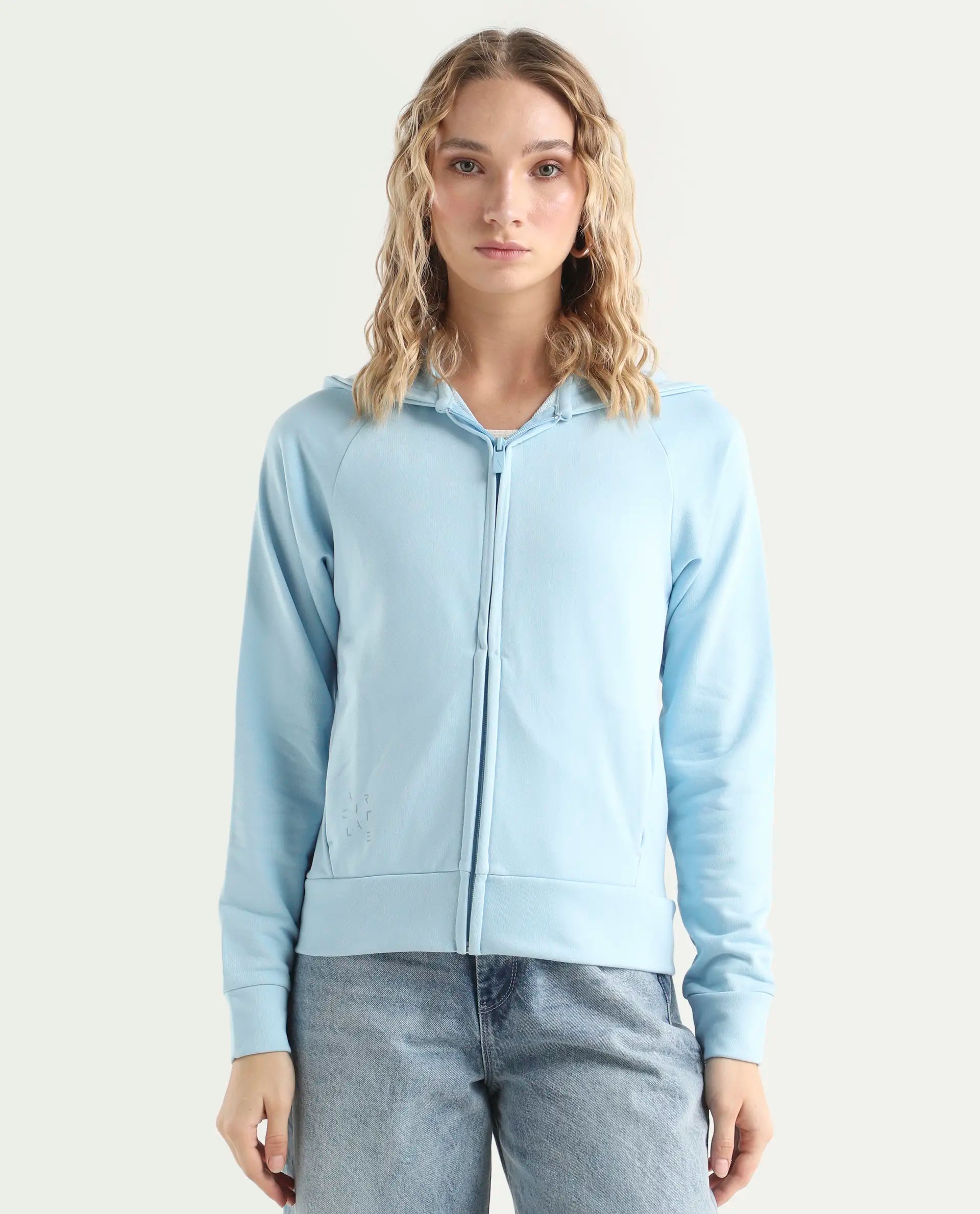 Rareism Women's Medium Weight Terry 290 Gsm Cotton Blend Hooded Plain Regular Fit Jacket