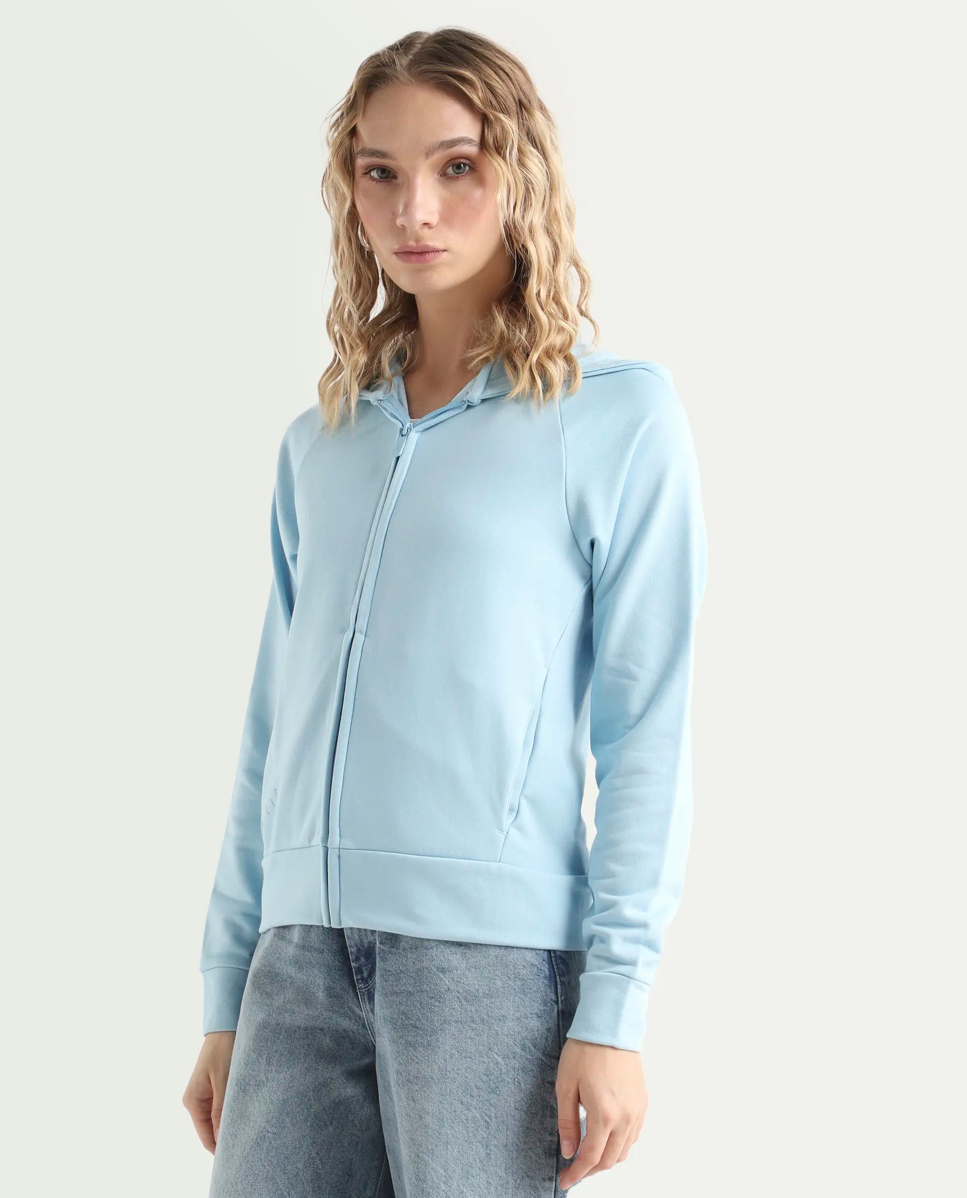 Rareism Women's Medium Weight Terry 290 Gsm Cotton Blend Hooded Plain Regular Fit Jacket