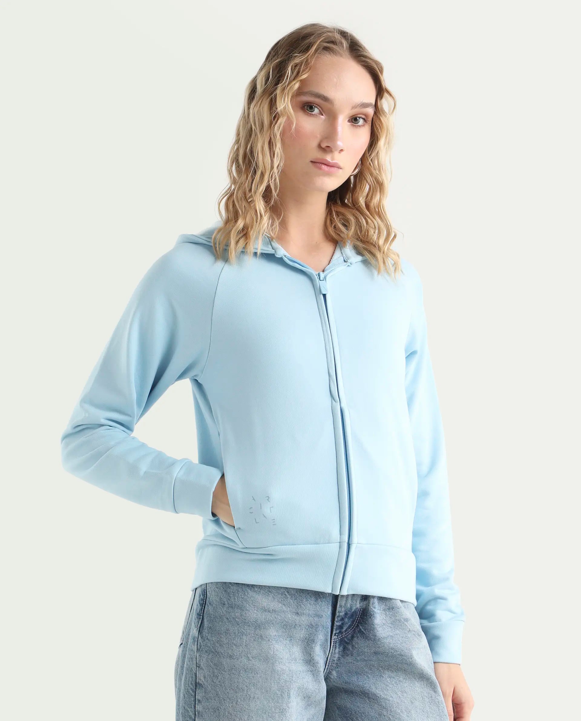 Rareism Women's Medium Weight Terry 290 Gsm Cotton Blend Hooded Plain Regular Fit Jacket