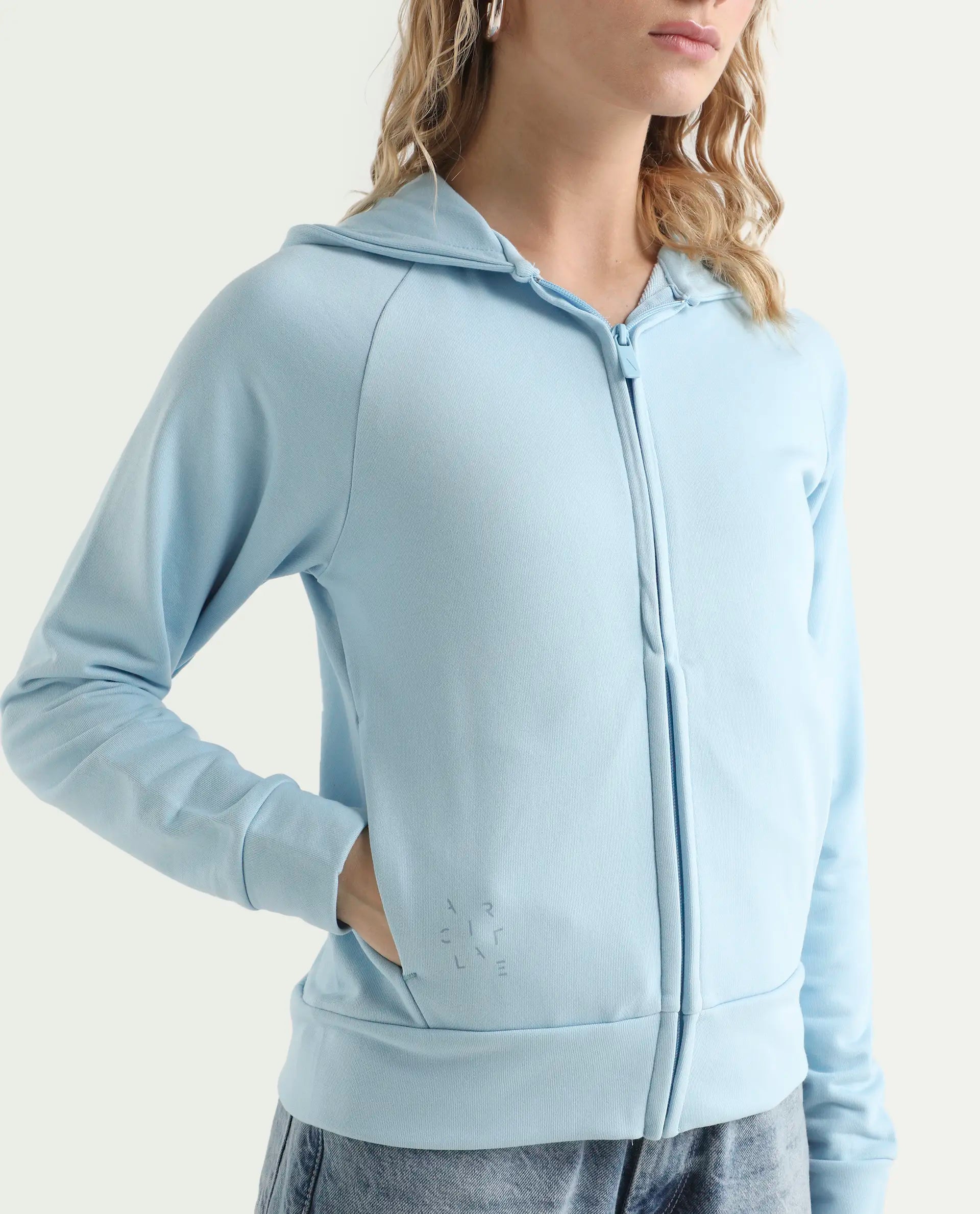 Rareism Women's Medium Weight Terry 290 Gsm Cotton Blend Hooded Plain Regular Fit Jacket