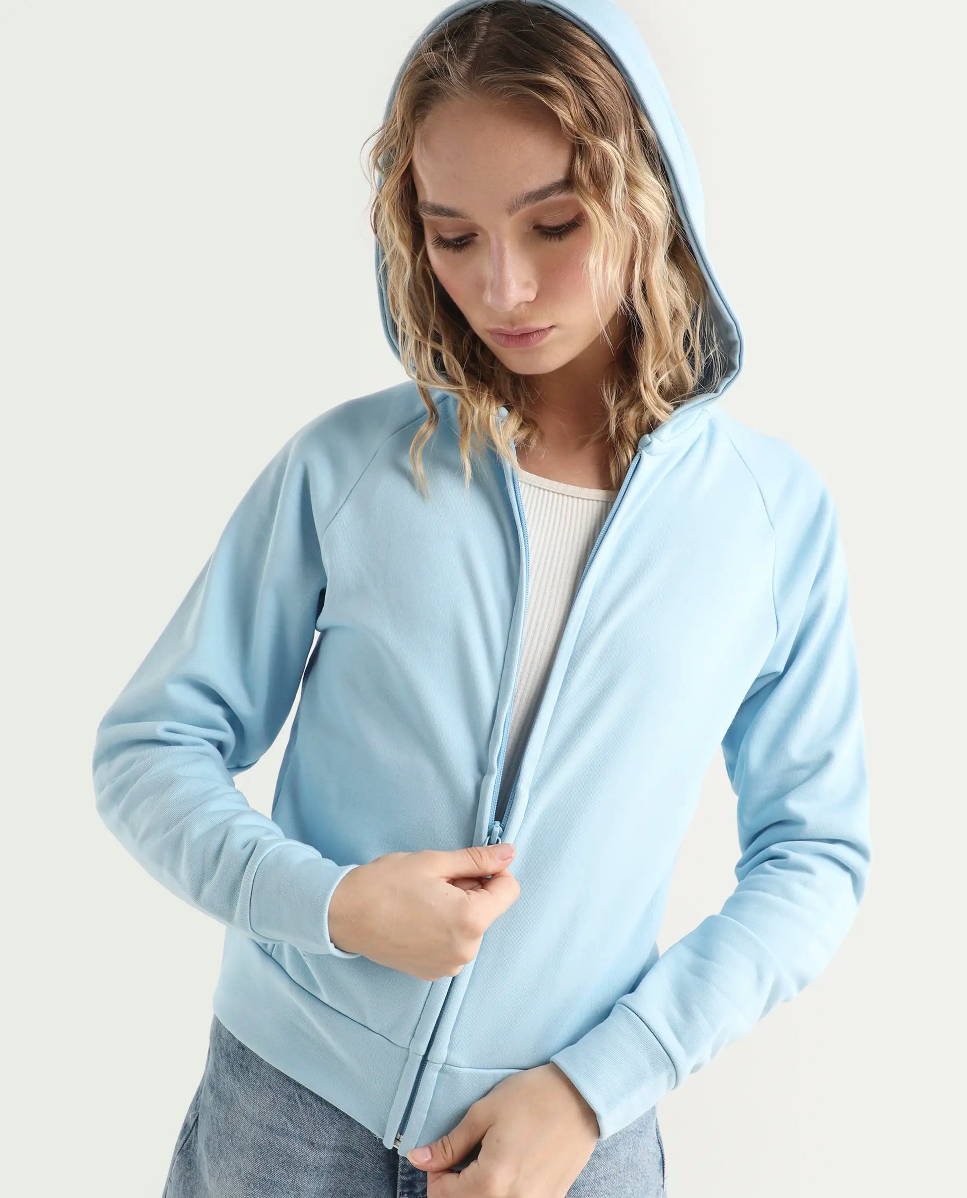 Rareism Women's Medium Weight Terry 290 Gsm Cotton Blend Hooded Plain Regular Fit Jacket