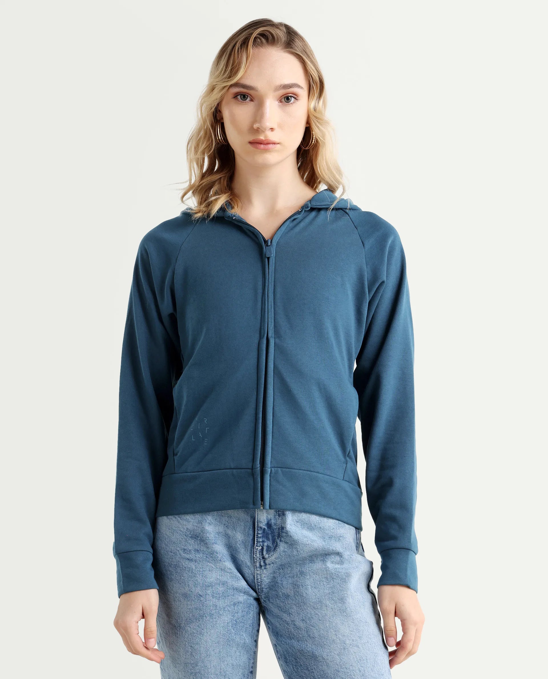 Rareism Women's Medium Weight Terry 290 Gsm Cotton Blend Hooded Plain Regular Fit Jacket