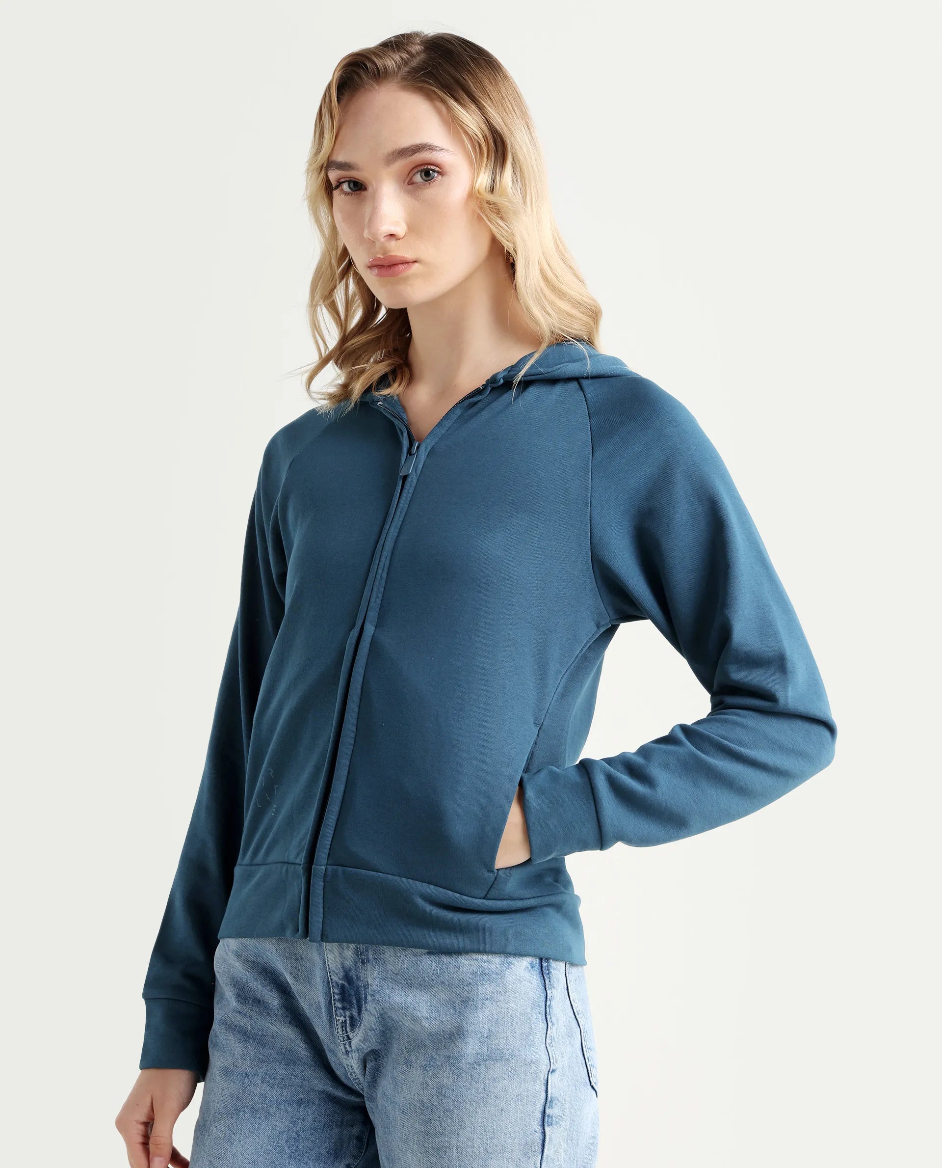 Rareism Women's Medium Weight Terry 290 Gsm Cotton Blend Hooded Plain Regular Fit Jacket