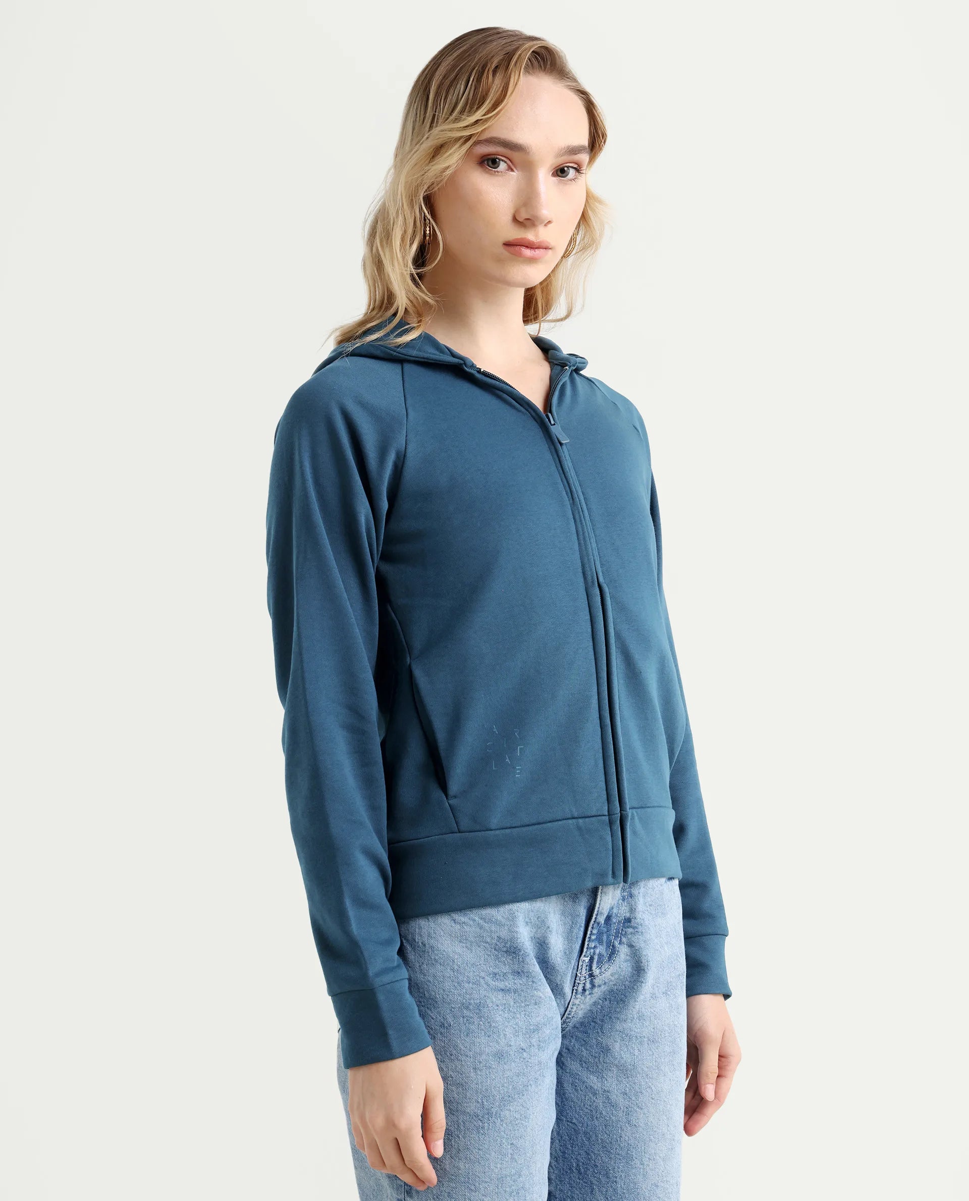 Rareism Women's Medium Weight Terry 290 Gsm Cotton Blend Hooded Plain Regular Fit Jacket