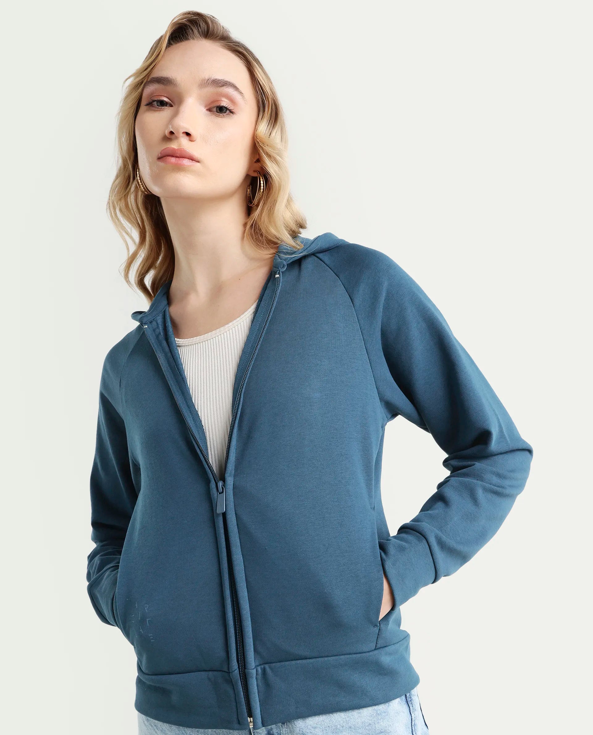 Rareism Women's Medium Weight Terry 290 Gsm Cotton Blend Hooded Plain Regular Fit Jacket