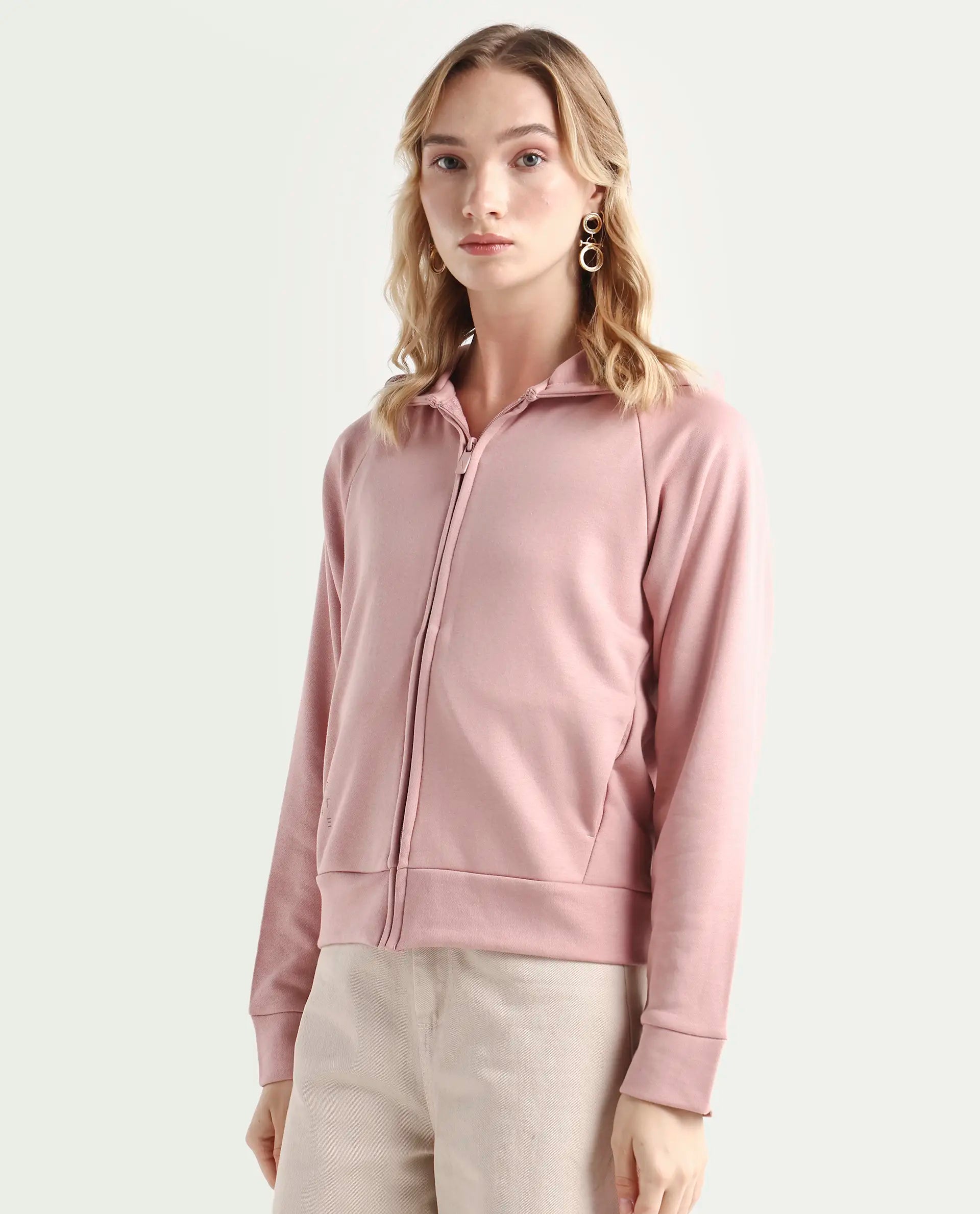 Rareism Women's Medium Weight Terry 290 Gsm Cotton Blend Hooded Plain Regular Fit Jacket