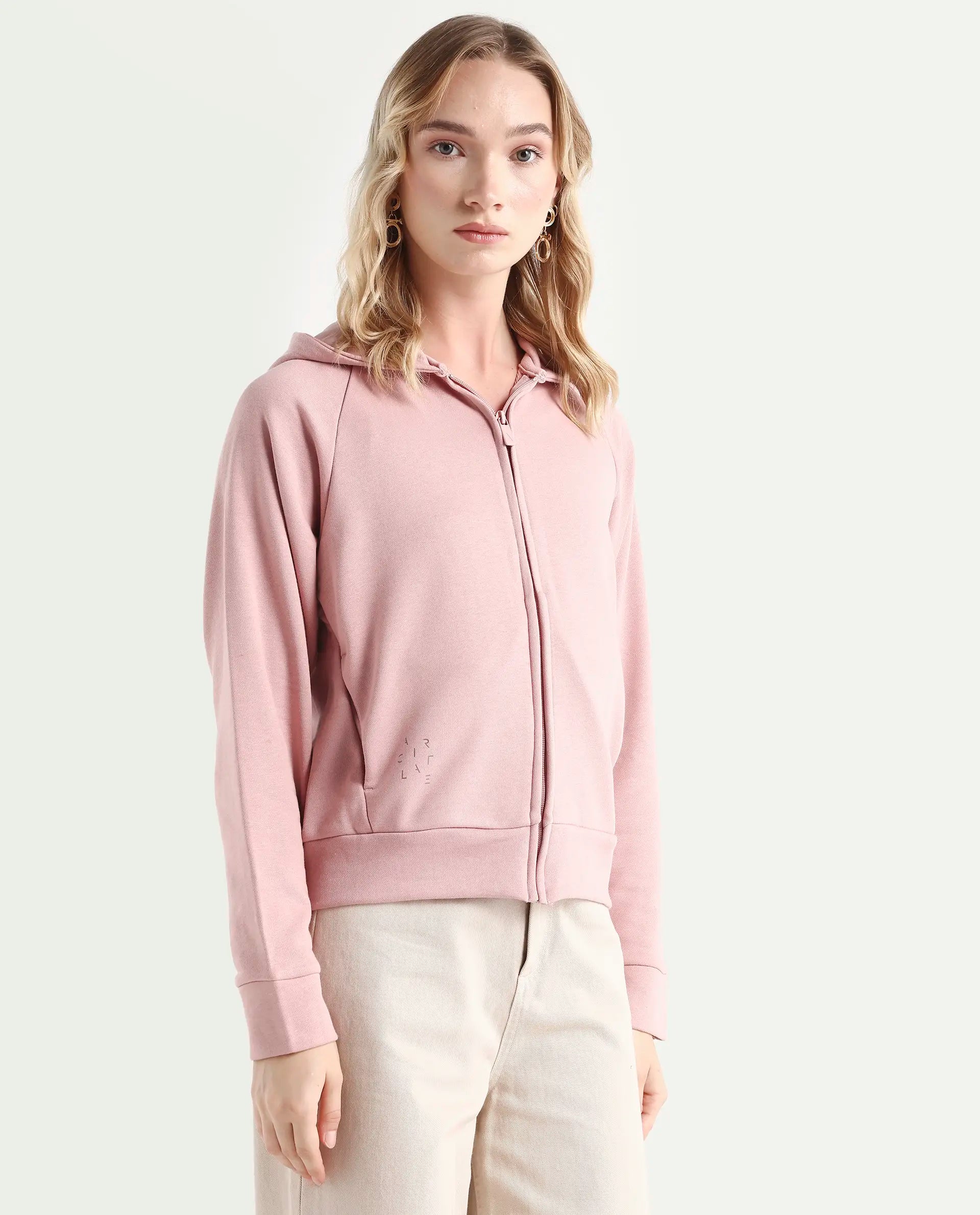 Rareism Women's Medium Weight Terry 290 Gsm Cotton Blend Hooded Plain Regular Fit Jacket