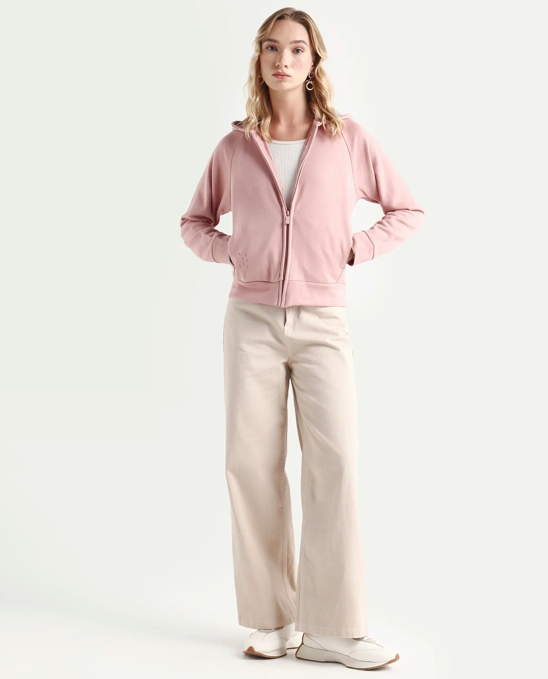 Rareism Women's Medium Weight Terry 290 Gsm Cotton Blend Hooded Plain Regular Fit Jacket