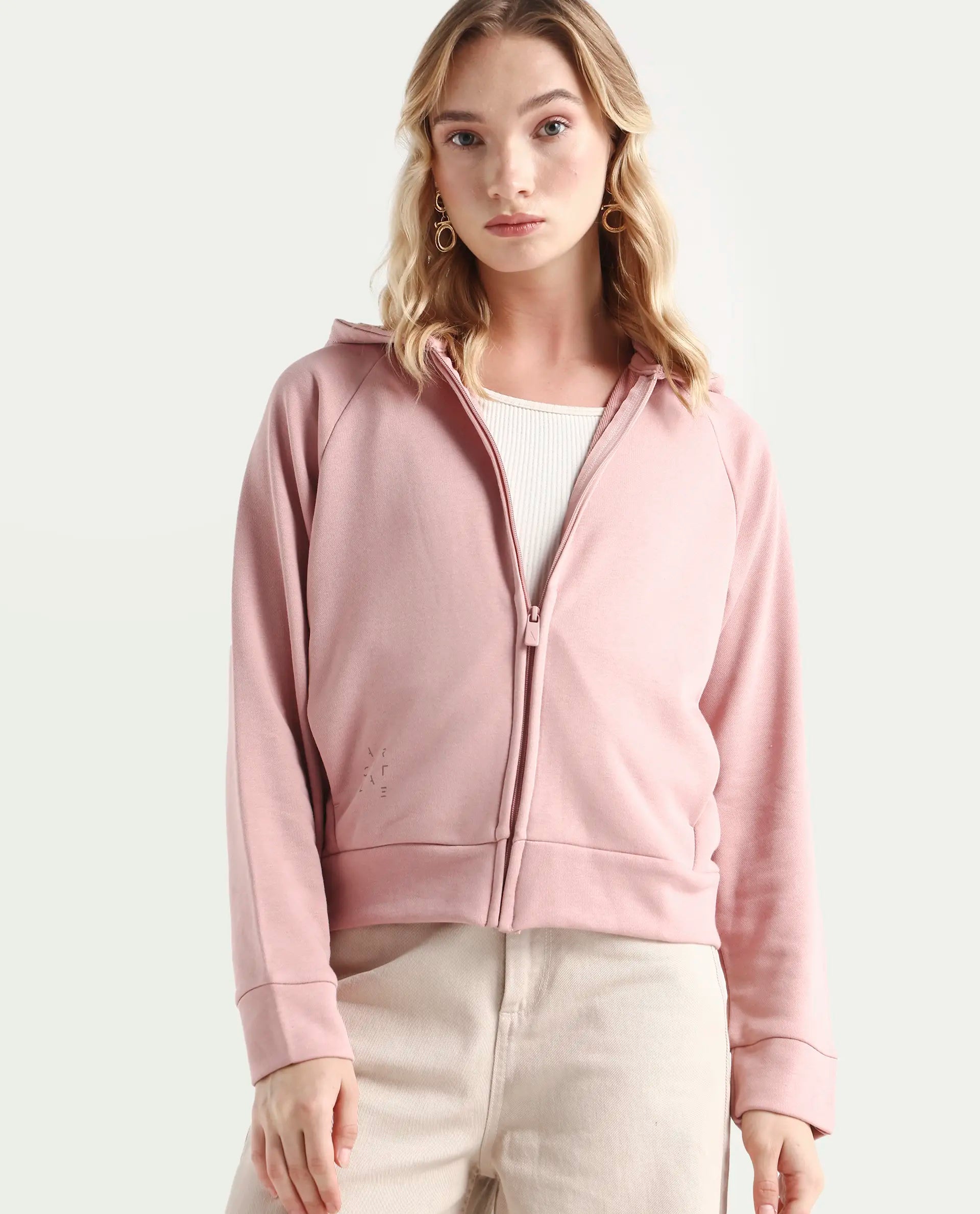 Rareism Women's Medium Weight Terry 290 Gsm Cotton Blend Hooded Plain Regular Fit Jacket