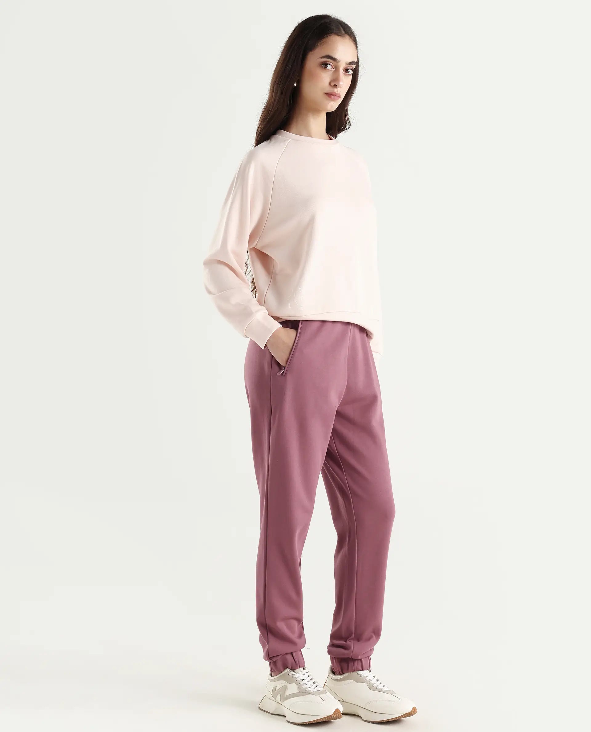 Rareism Women's Heavy Weight Interlock 340 Gsm Cotton Blend Plain Ankle Length Relaxed Fit Track Pant