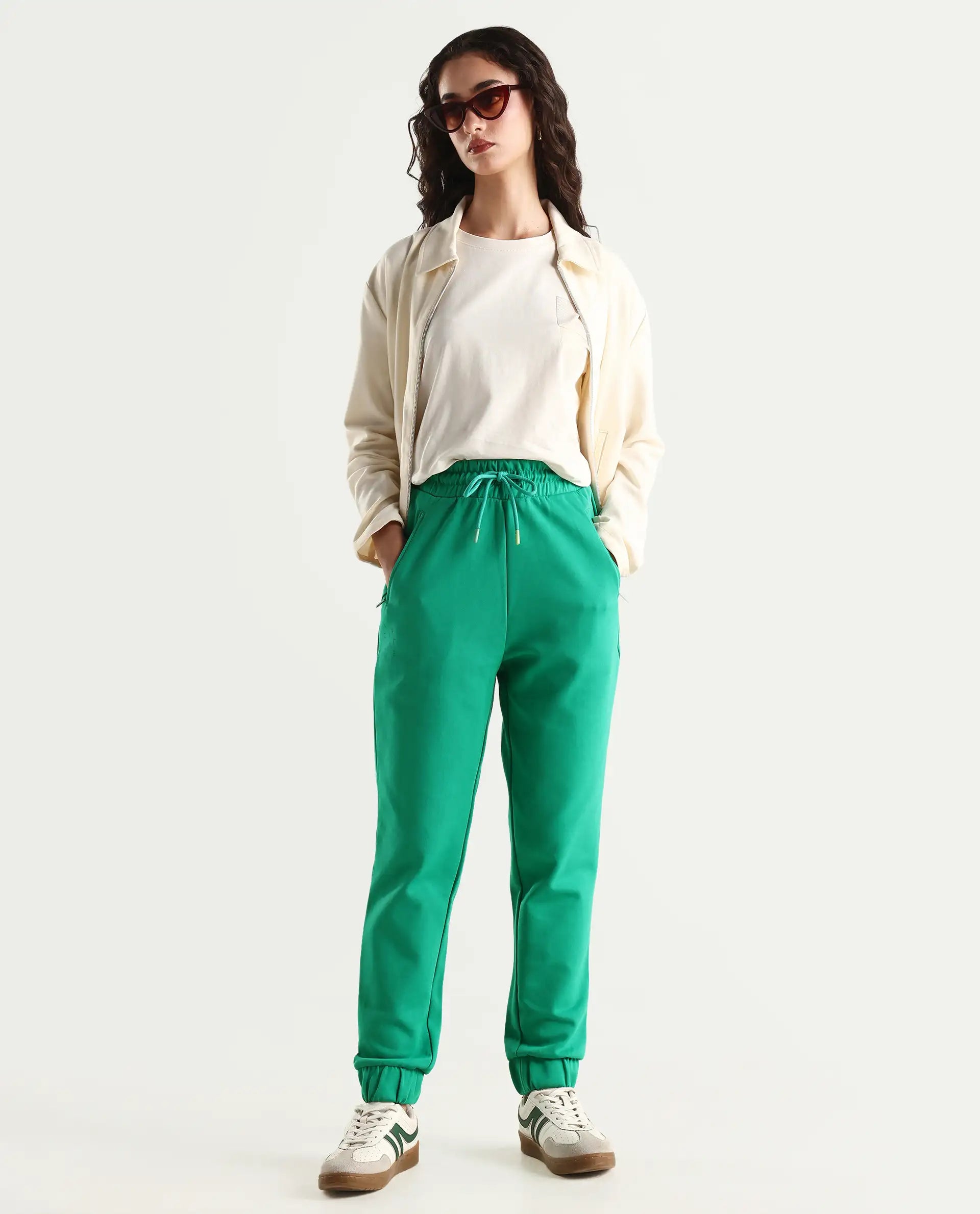 Rareism Women's Heavy Weight Interlock 340 Gsm Cotton Blend Plain Ankle Length Relaxed Fit Track Pant