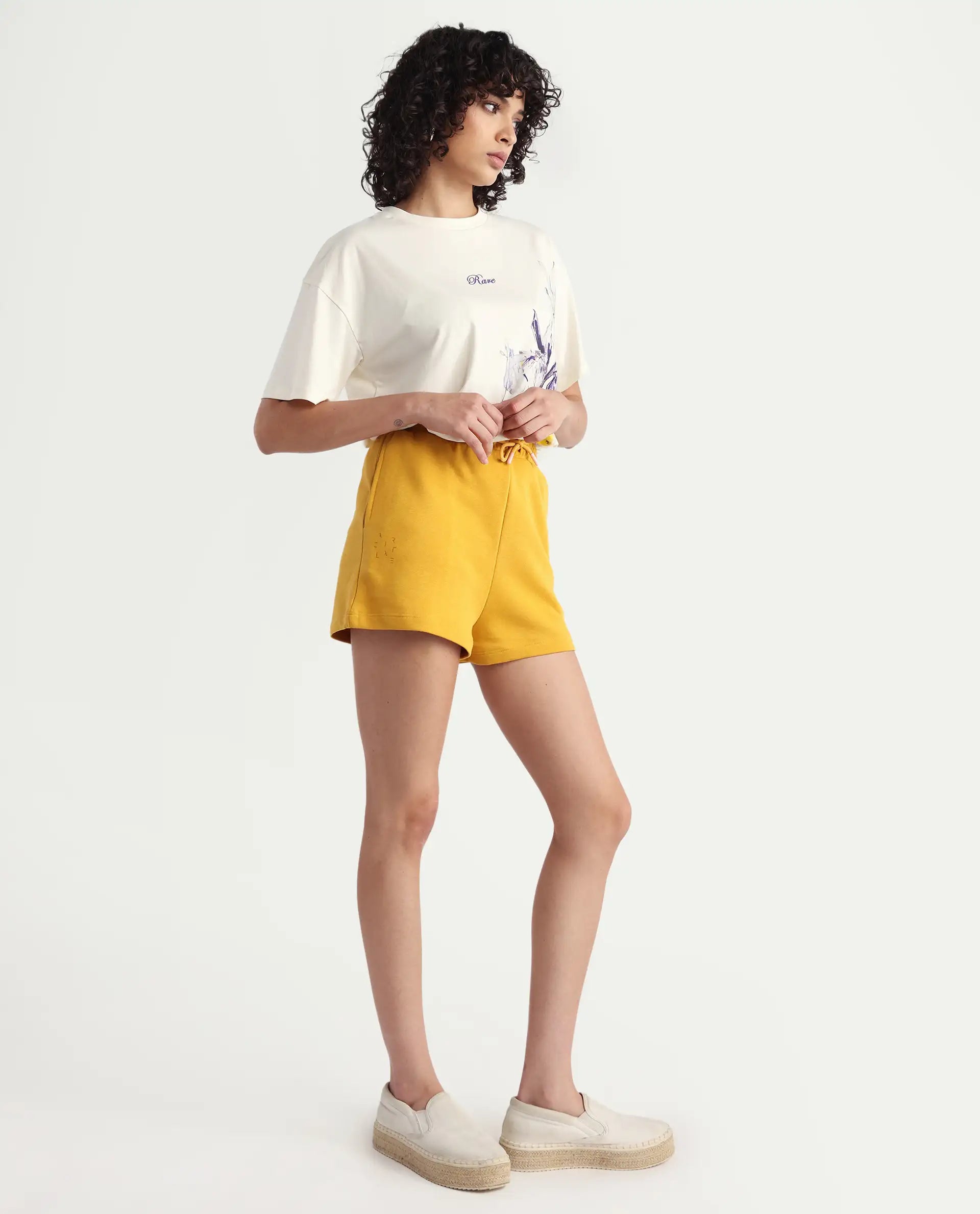 Rareism Women's Medium Weight Terry 290 Gsm Cotton Blend Plain Mini Relaxed Fit Shorts