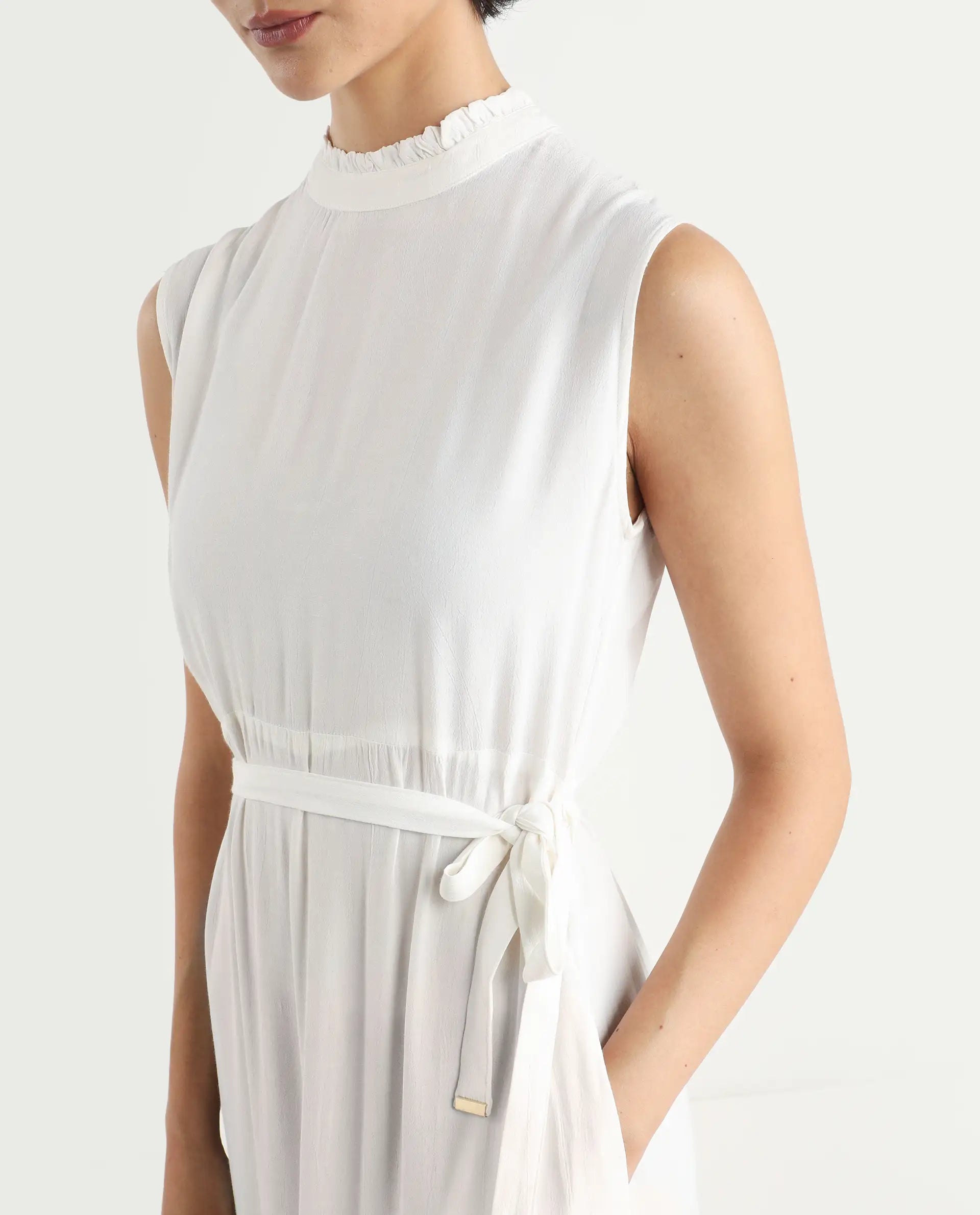 Rareism Women's Lilies White Viscose High Neck Plain Sleeveless Maxi Regular Fit Dress