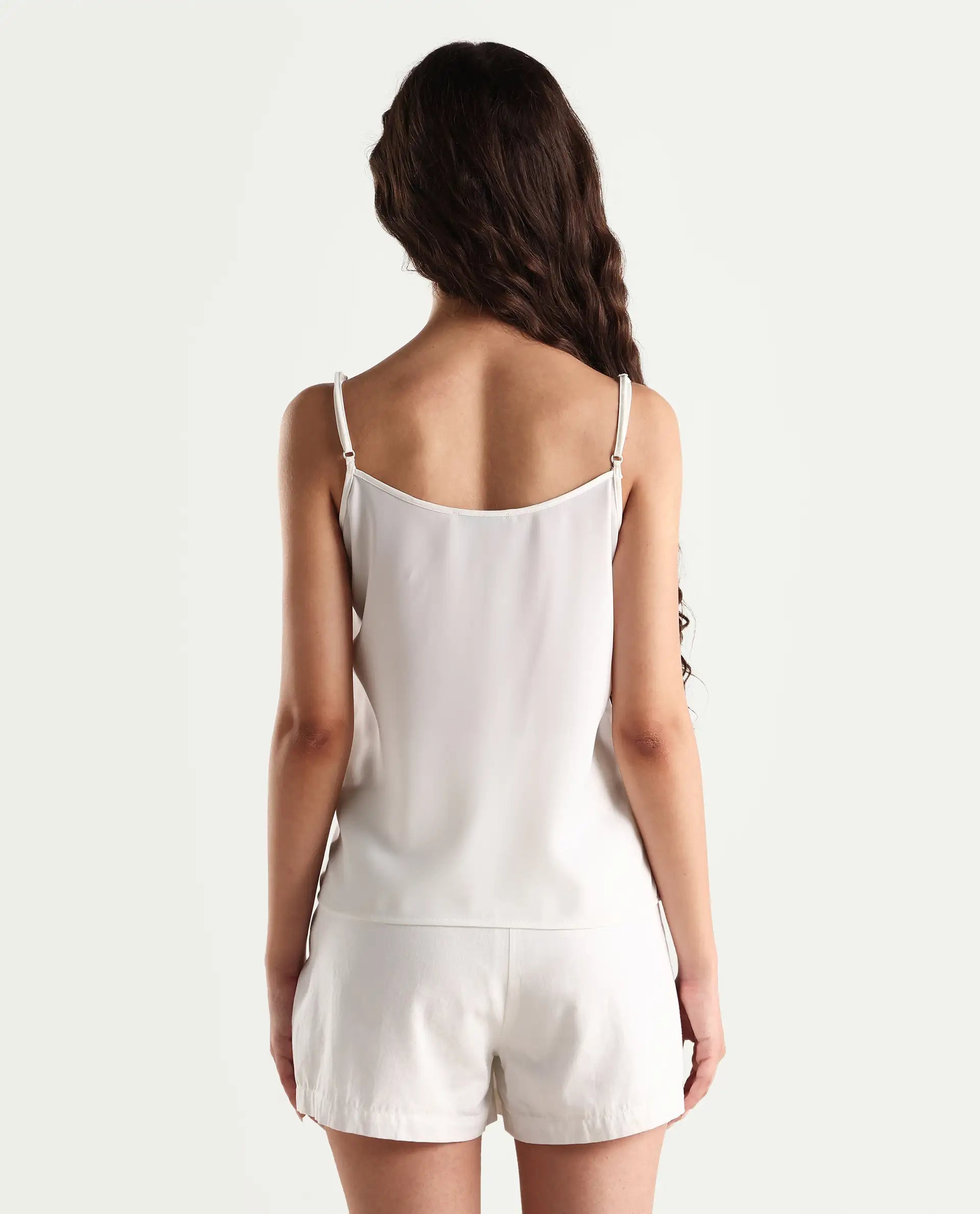 Rareism Women's Slipo Offwhite Polyester V-Neck Plain Shoulder Strap Knee Length Regular Fit Inner Wear Slip