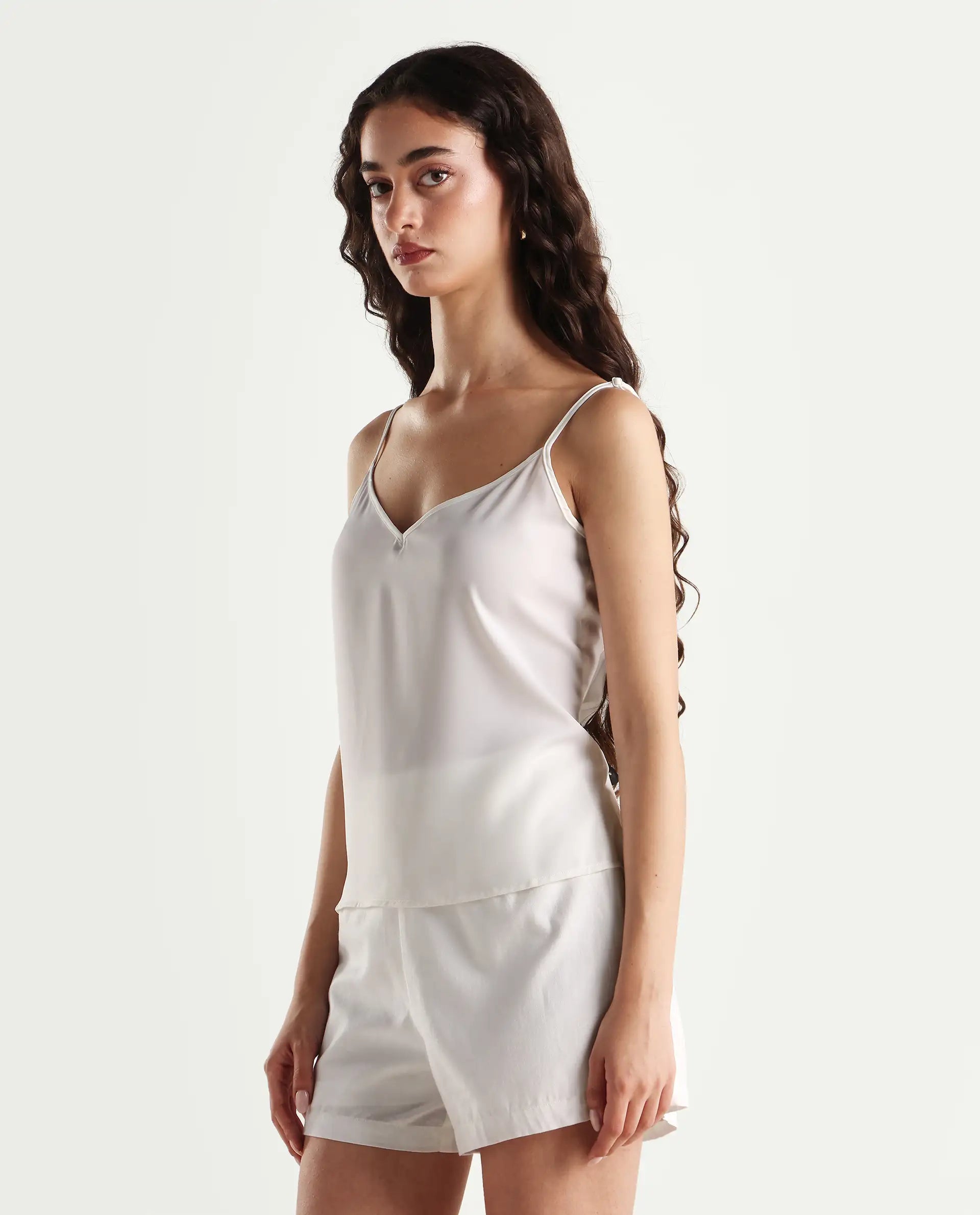 Rareism Women's Slipo Offwhite Polyester V-Neck Plain Shoulder Strap Knee Length Regular Fit Inner Wear Slip