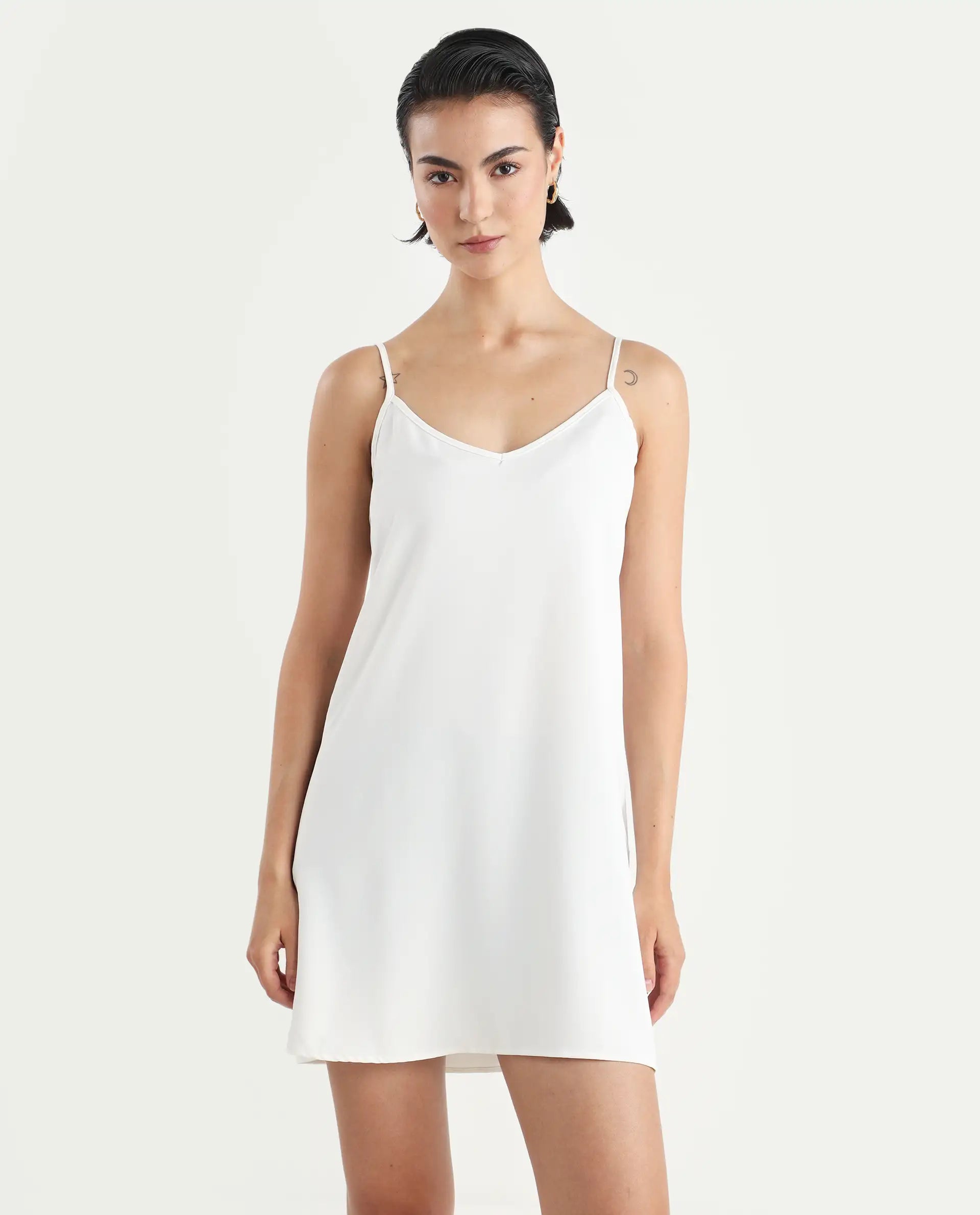 Rareism Women's Slipos Offwhite Polyester V-Neck Plain Shoulder Strap Knee Length Regular Fit Inner Wear