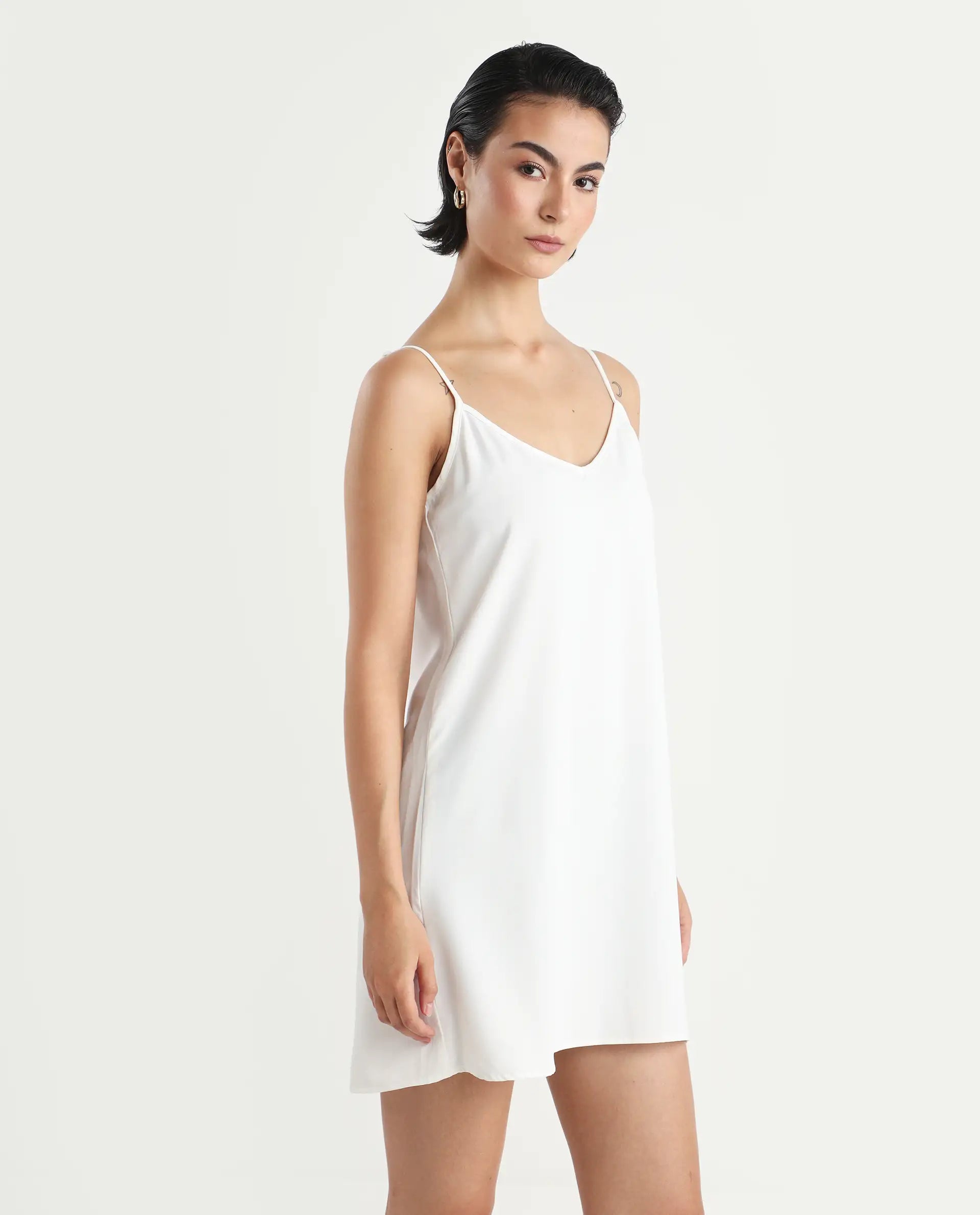 Rareism Women's Slipos Offwhite Polyester V-Neck Plain Shoulder Strap Knee Length Regular Fit Inner Wear