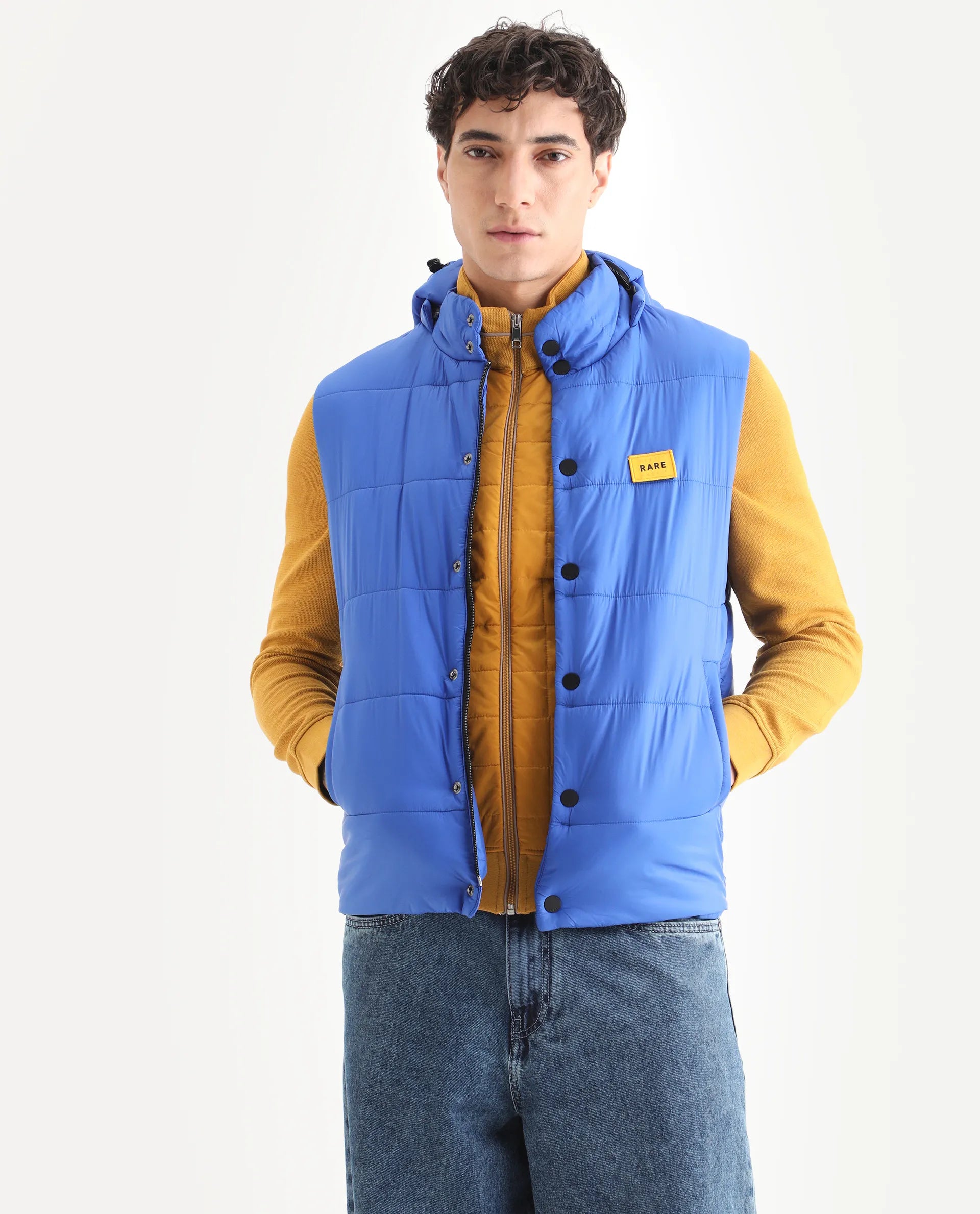 Rare Rabbit Men's Depot Blue Nylon Plain Slim Fit Sleeveless Hooded Jacket