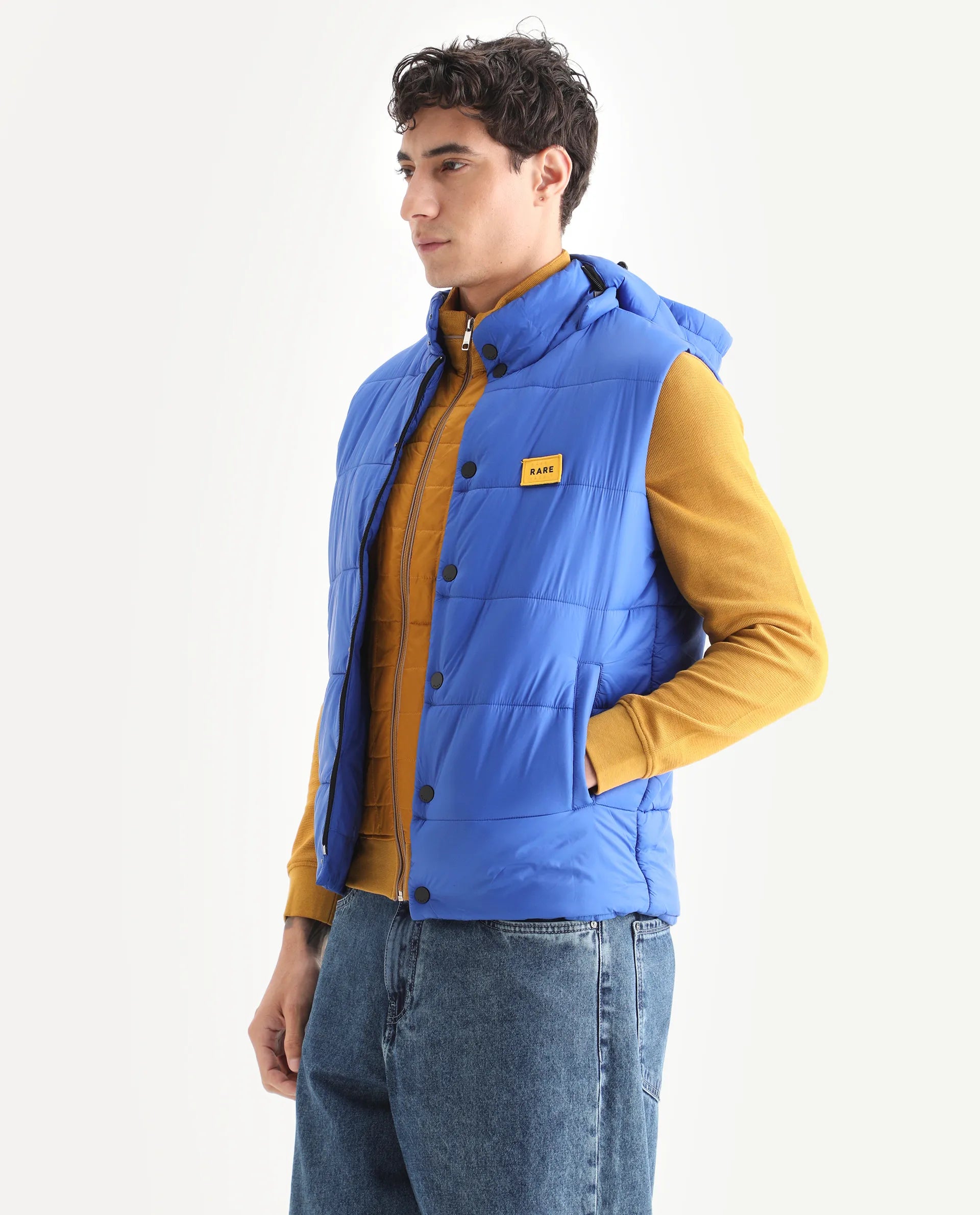 Rare Rabbit Men's Depot Blue Nylon Plain Slim Fit Sleeveless Hooded Jacket