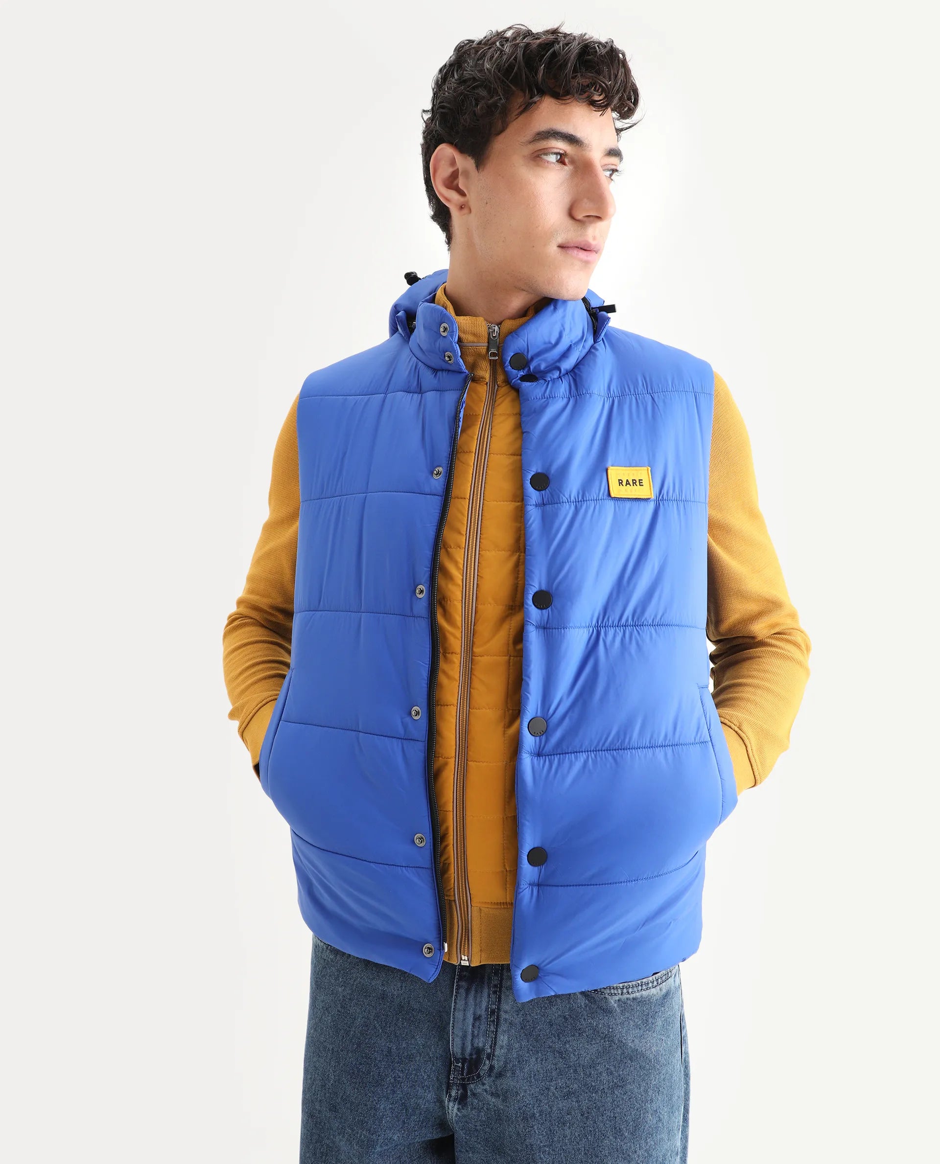 Rare Rabbit Men's Depot Blue Nylon Plain Slim Fit Sleeveless Hooded Jacket