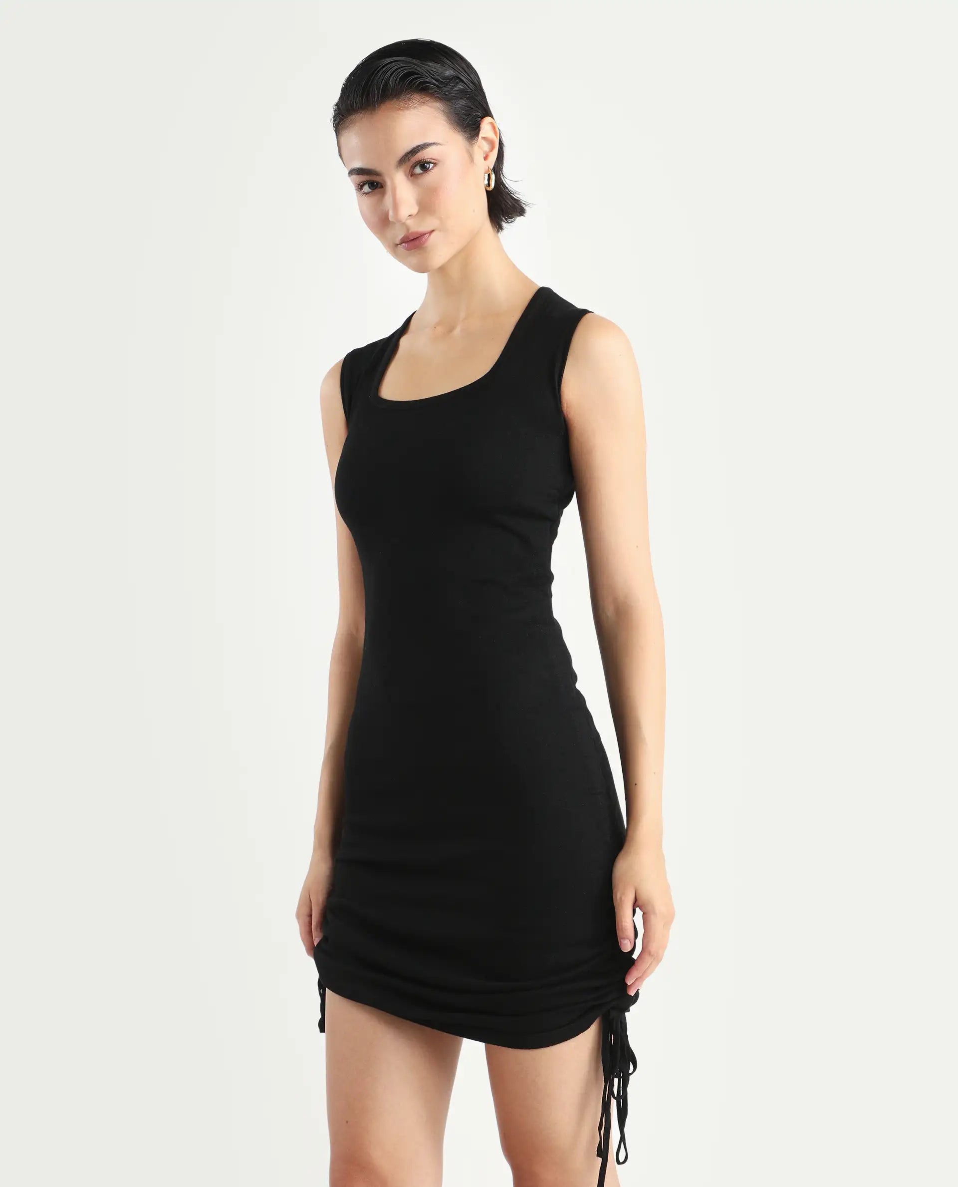 Rareism Women's Hailey Black Viscose Square Neck Plain Sleeveless Mini Regular Fit Dress