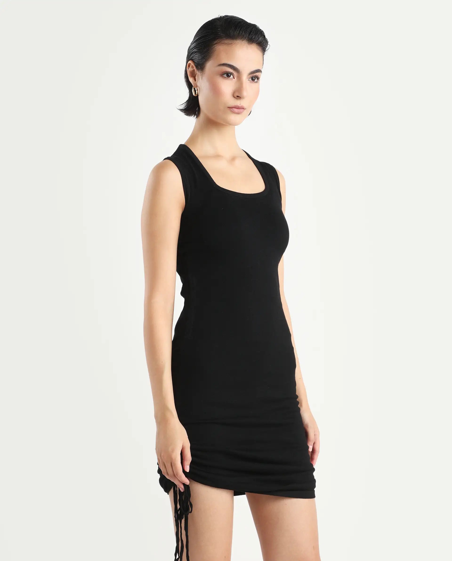 Rareism Women's Hailey Black Viscose Square Neck Plain Sleeveless Mini Regular Fit Dress