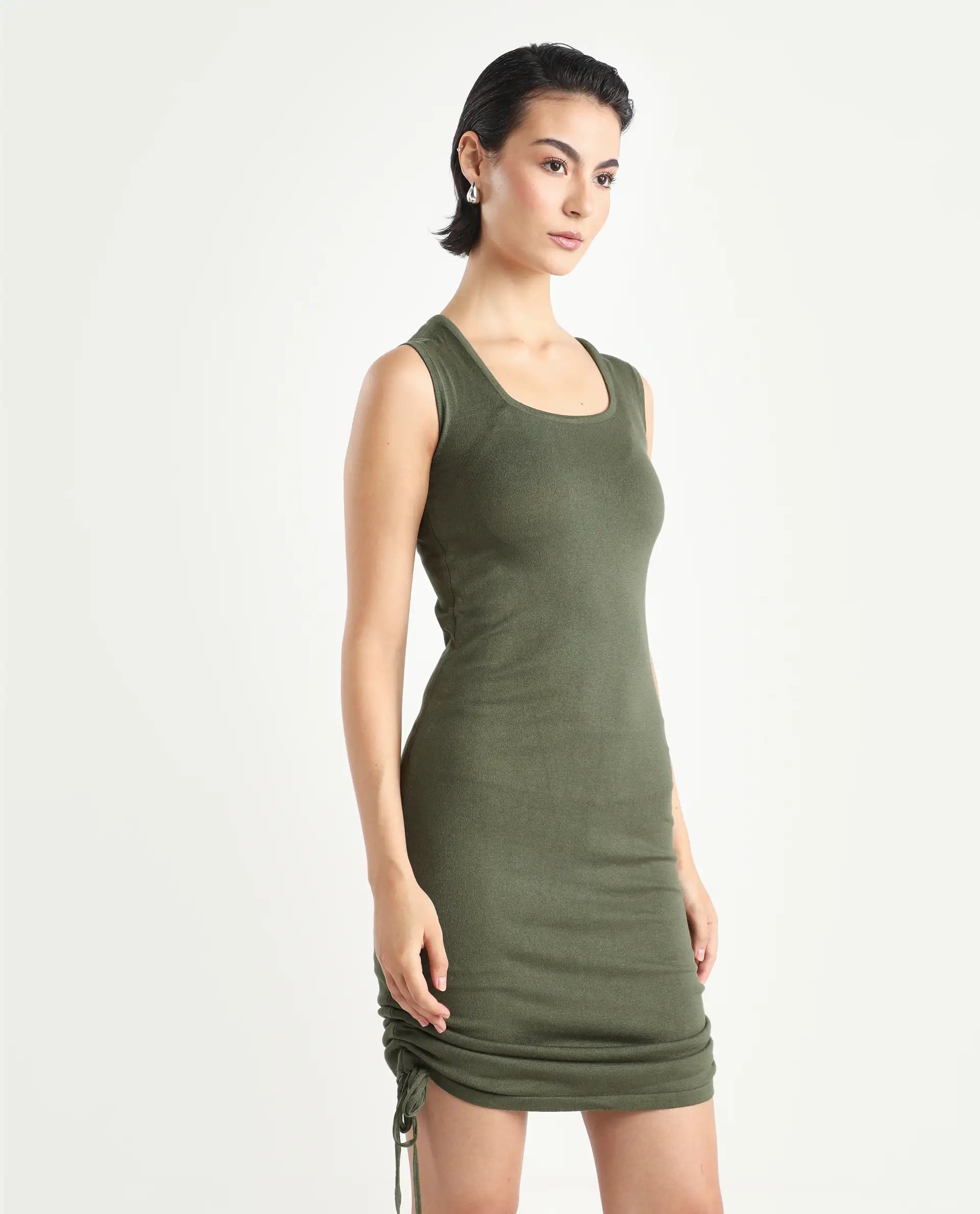 Rareism Women's Hailey Olive Viscose Square Neck Plain Sleeveless Mini Regular Fit Dress