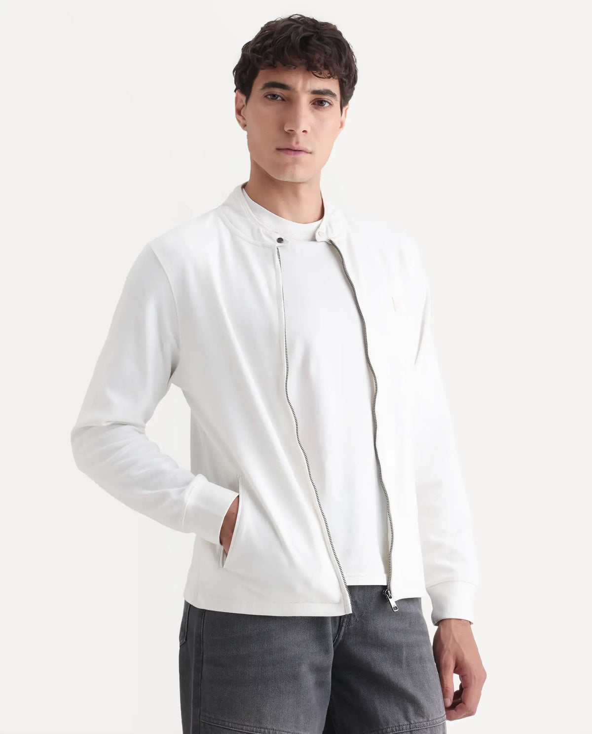 Rare Rabbit Men's Morris Offwhite Cotton Plain Regular Fit Full Sleeve Mandarin Collar Jacket