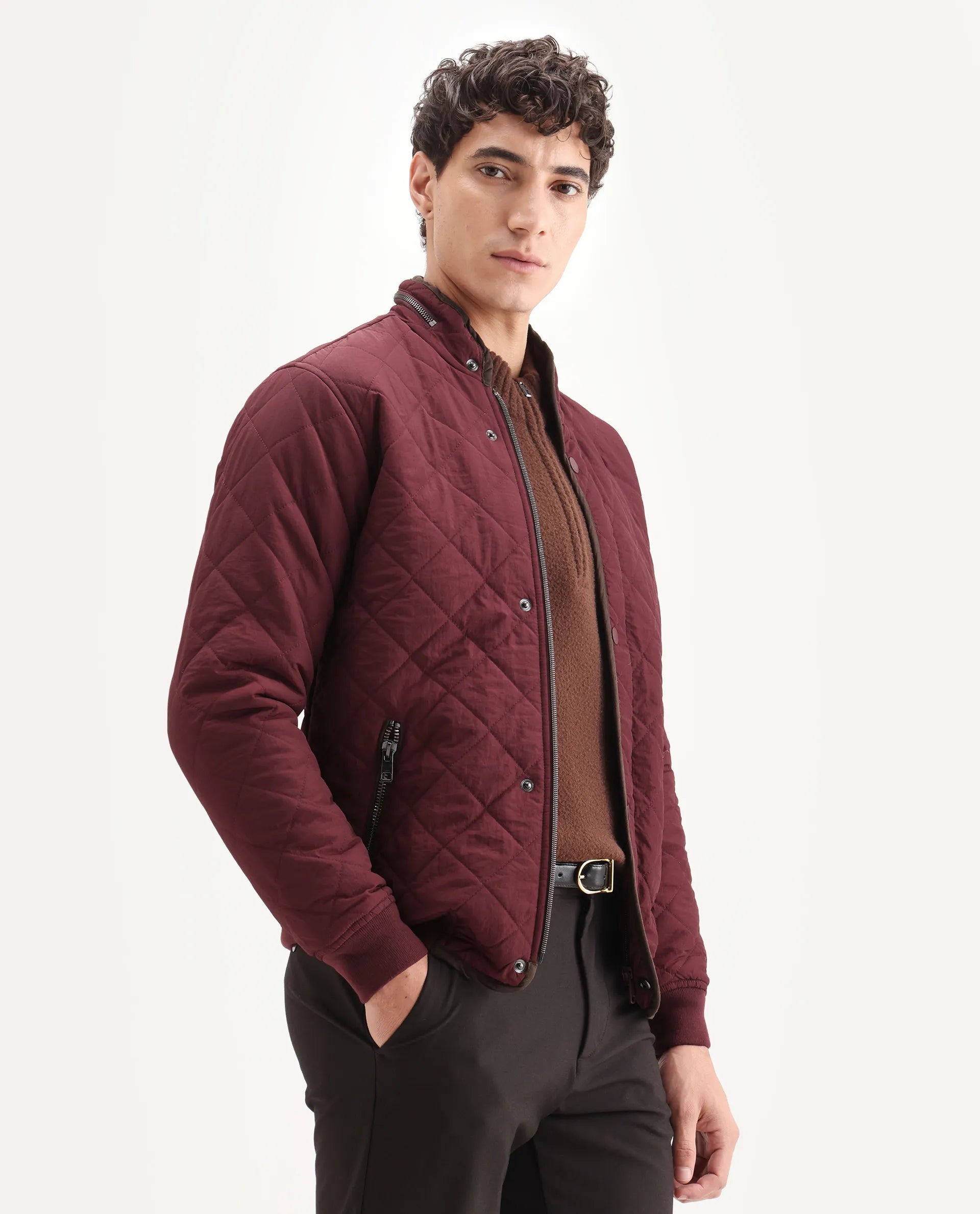 Rare Rabbit Men's Krul Red Nylon Plain Regular Fit Full Sleeve Mandarin Collar Jacket
