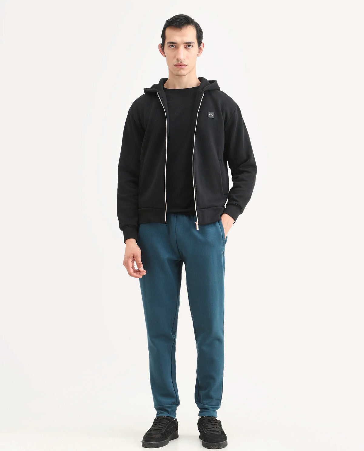 Rare Rabbit Men's Chase Petrol Cotton Plain Regular Fit Track Pant