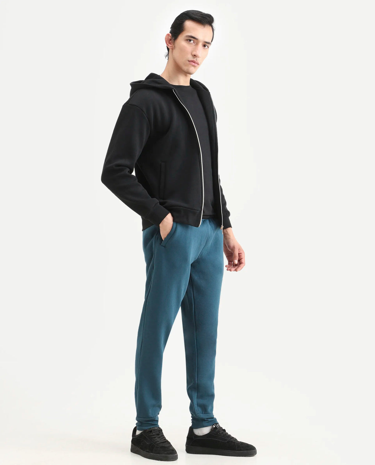 Rare Rabbit Men's Chase Petrol Cotton Plain Regular Fit Track Pant