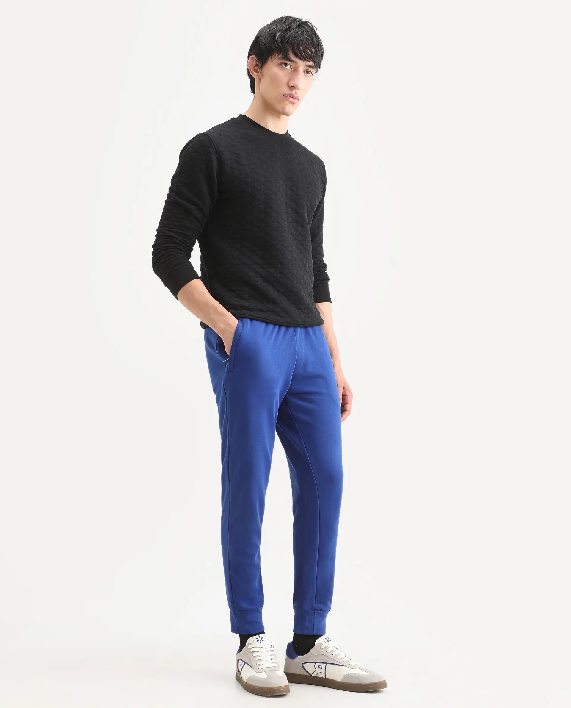 Rare Rabbit Men's Titan Blue Cotton Plain Regular Fit Joggers