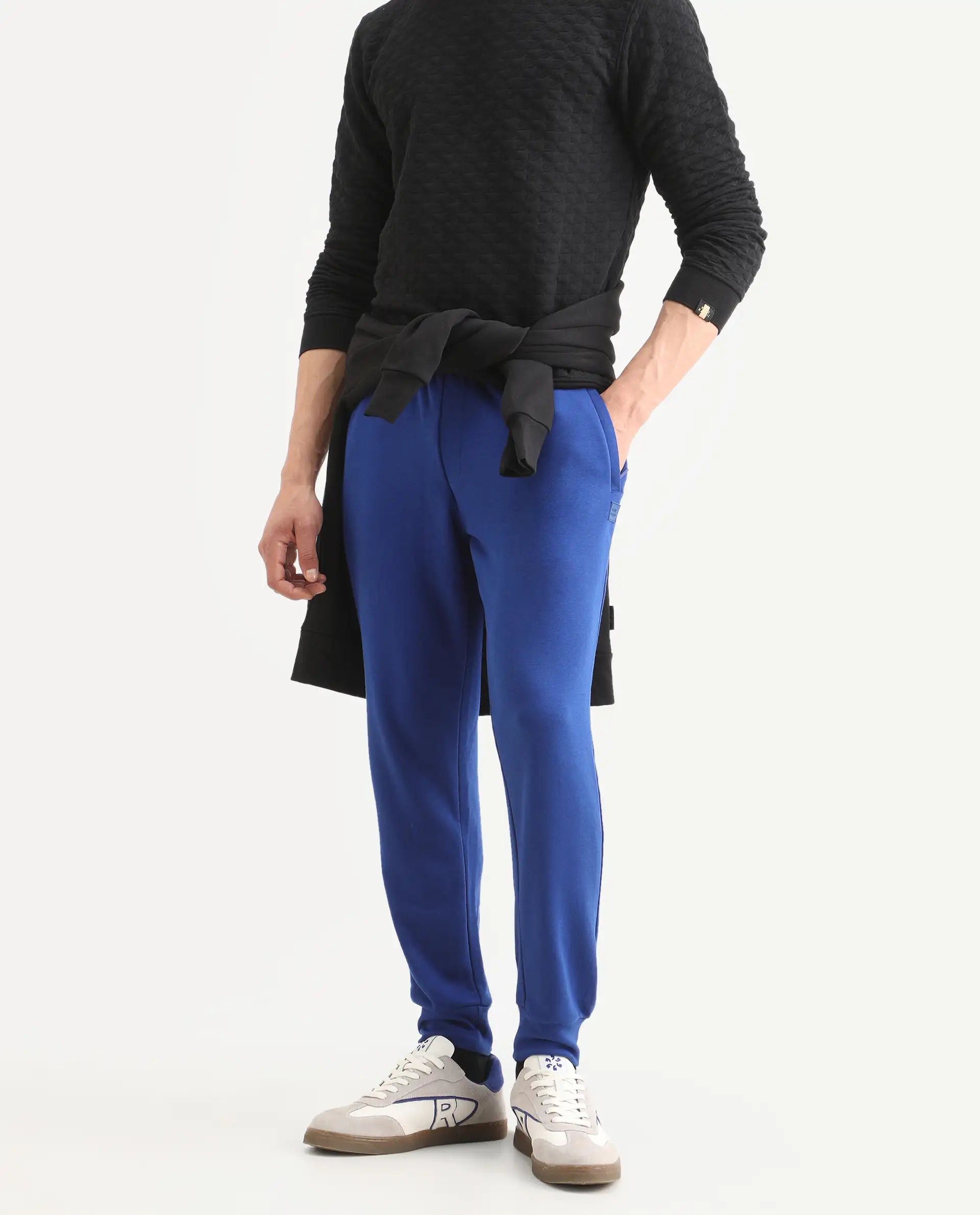 Rare Rabbit Men's Titan Blue Cotton Plain Regular Fit Joggers