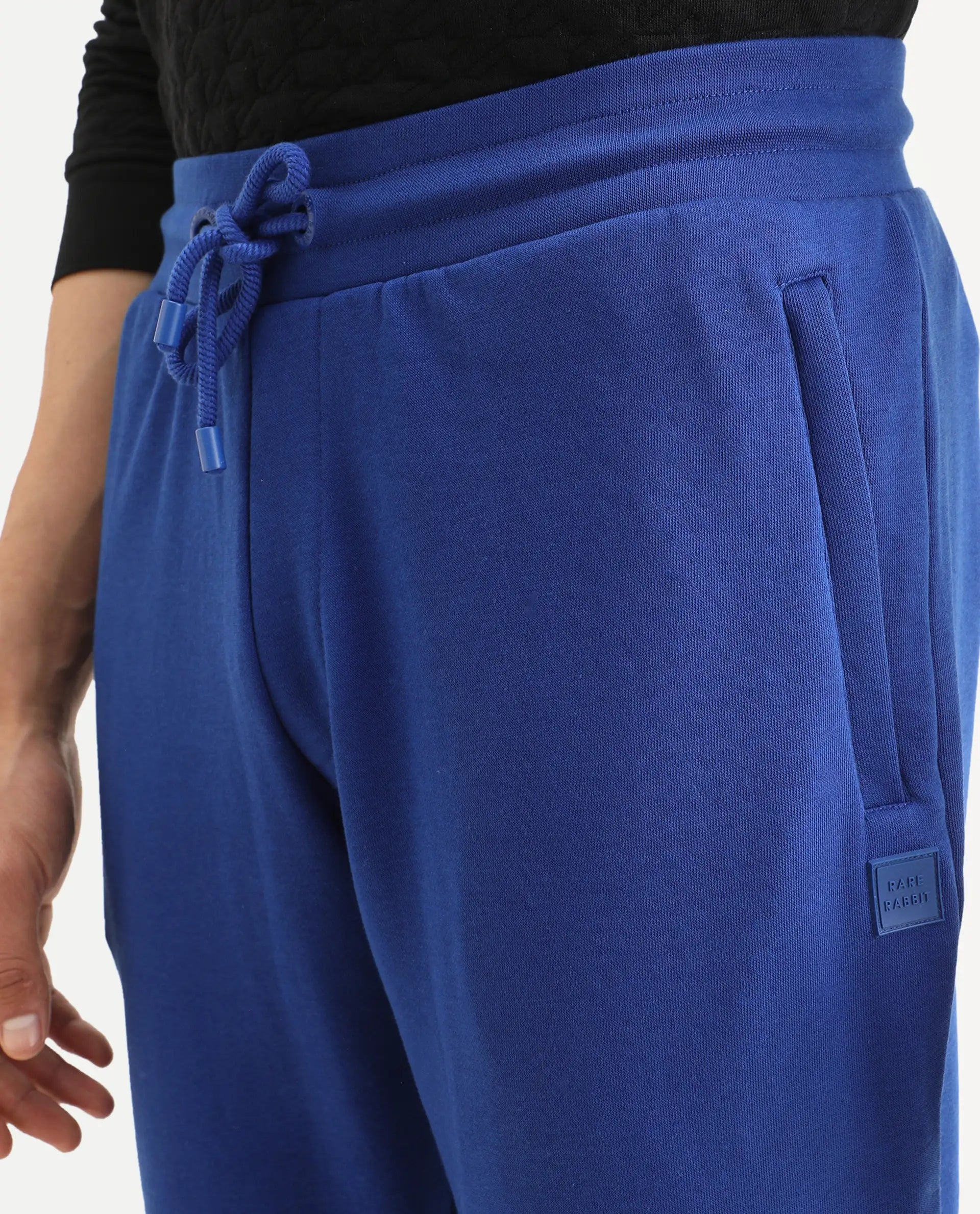 Rare Rabbit Men's Titan Blue Cotton Plain Regular Fit Joggers