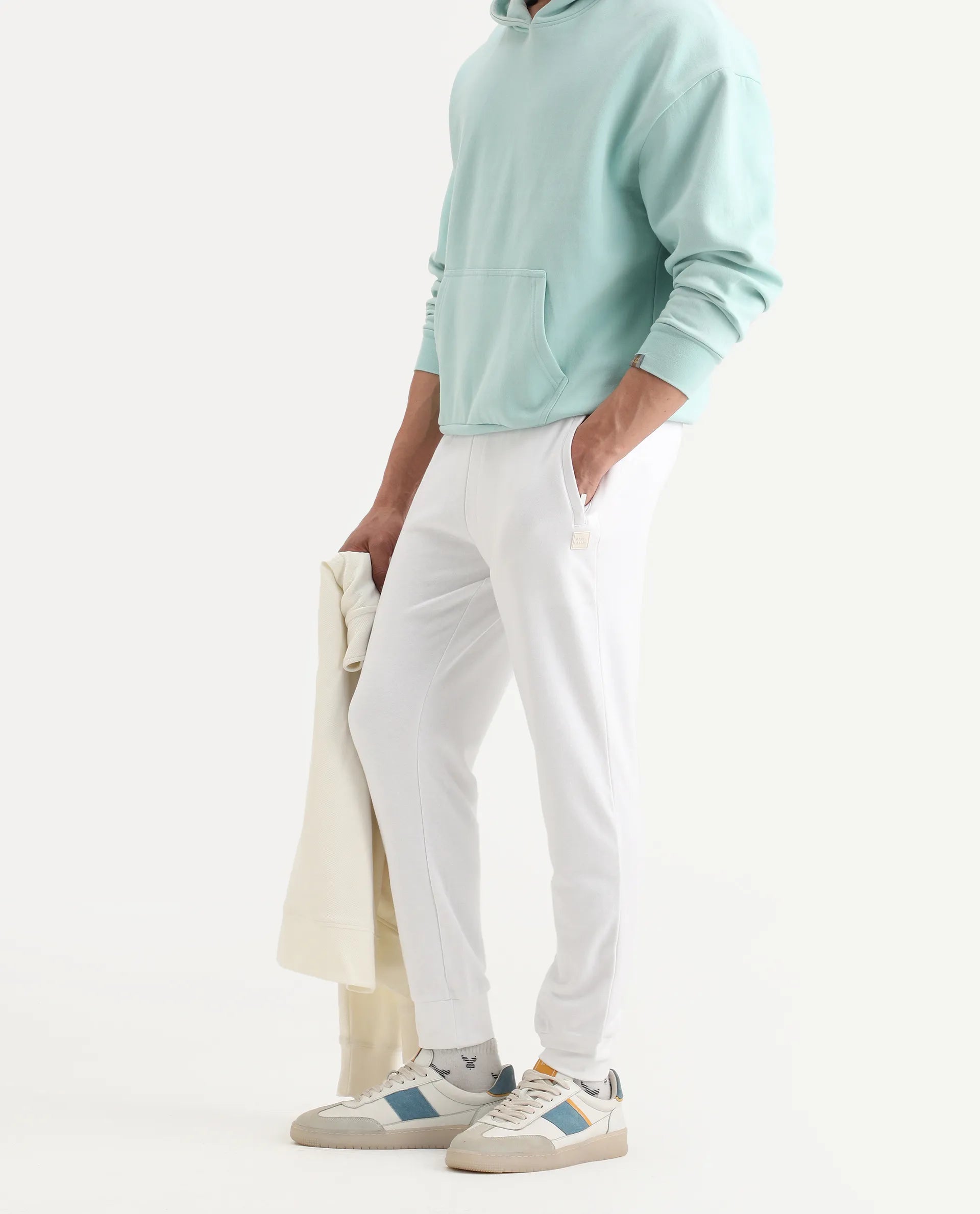 Rare Rabbit Men's Titan White Cotton Plain Regular Fit Joggers