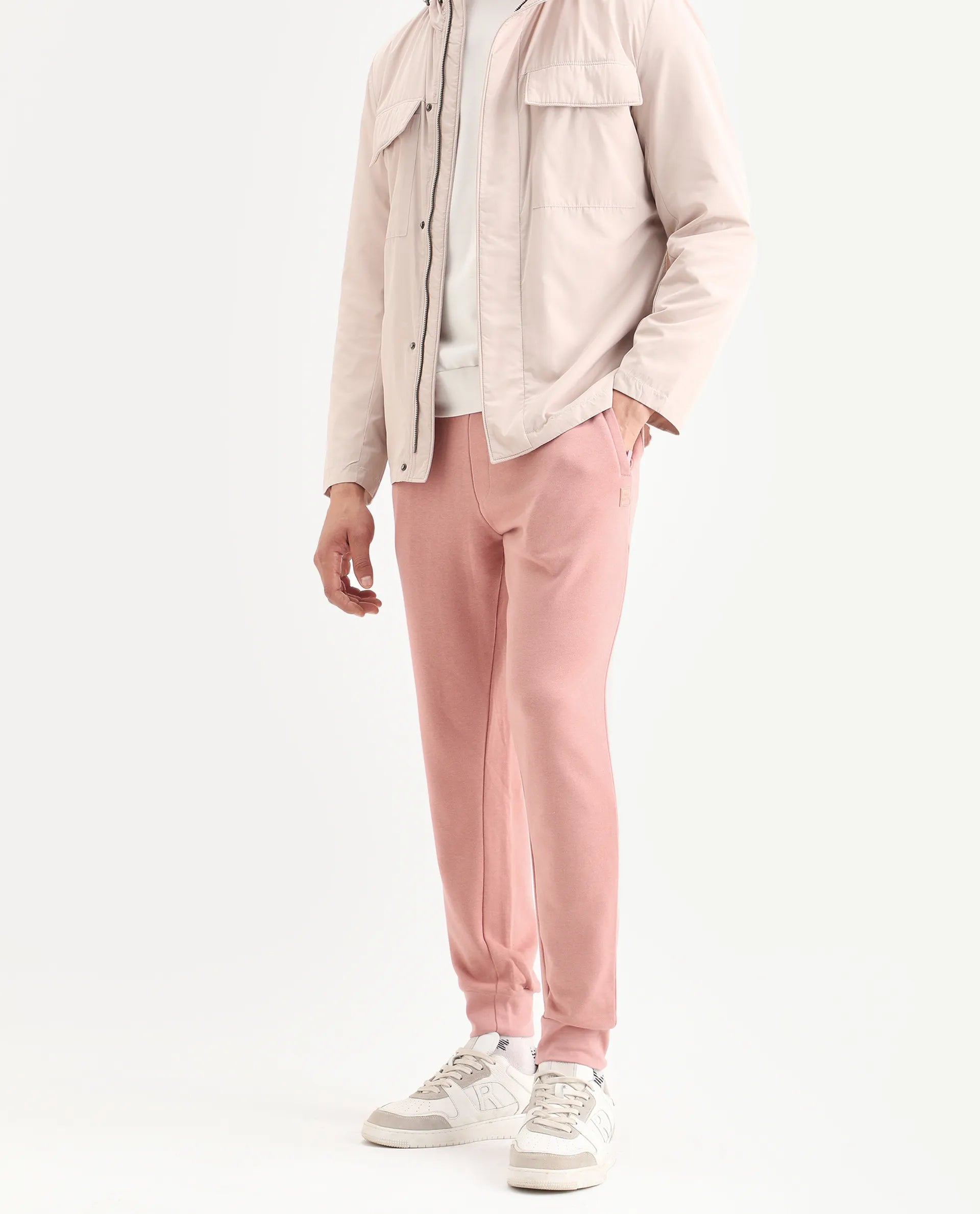 Rare Rabbit Men's Titan Pink Cotton Plain Regular Fit Joggers