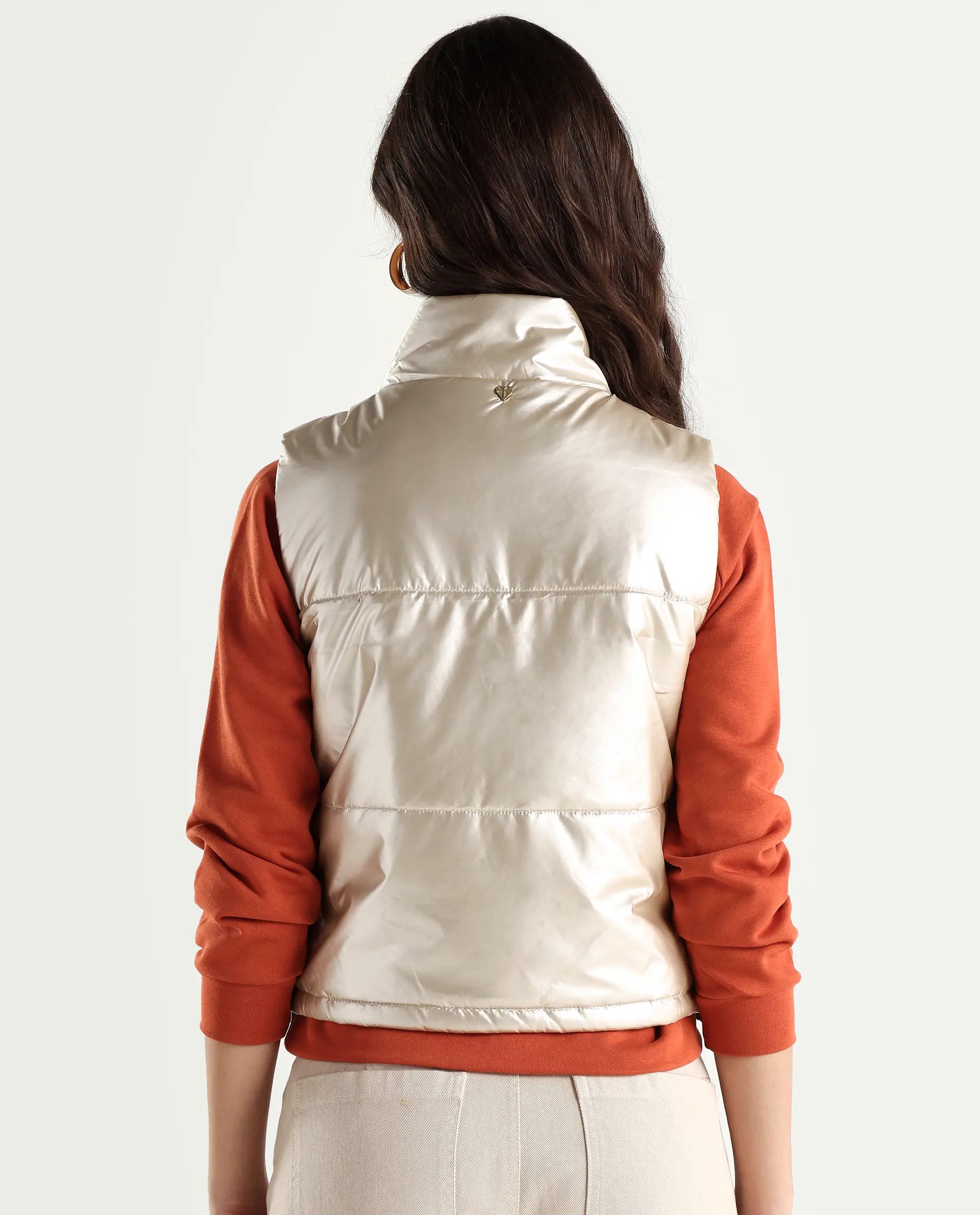 Rareism Women's Mindy Beige Polyester High Neck Plain Sleeveless Regular Fit Jacket