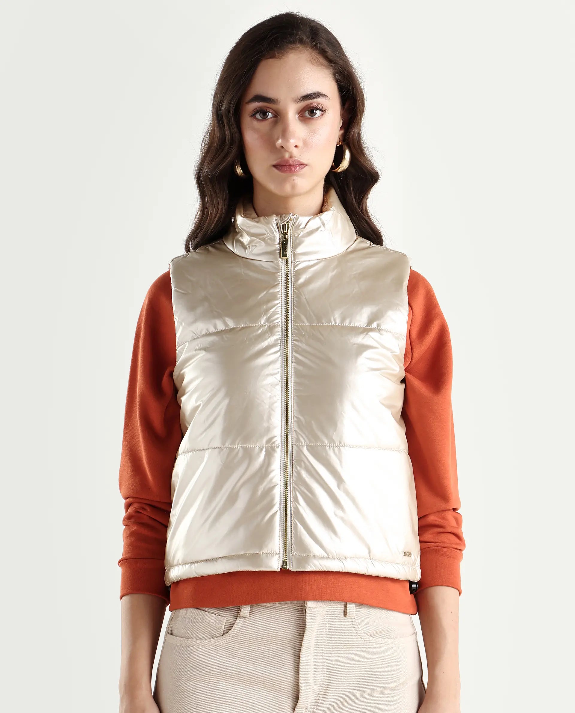 Rareism Women's Mindy Beige Polyester High Neck Plain Sleeveless Regular Fit Jacket