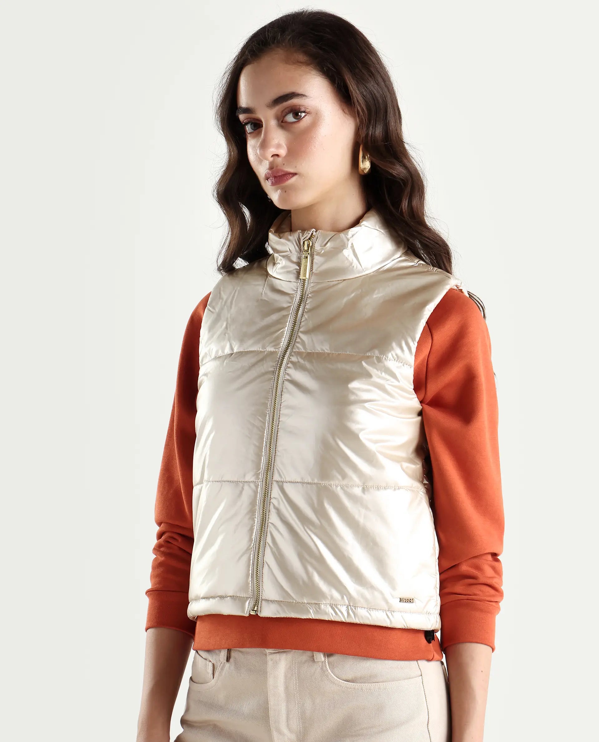 Rareism Women's Mindy Beige Polyester High Neck Plain Sleeveless Regular Fit Jacket