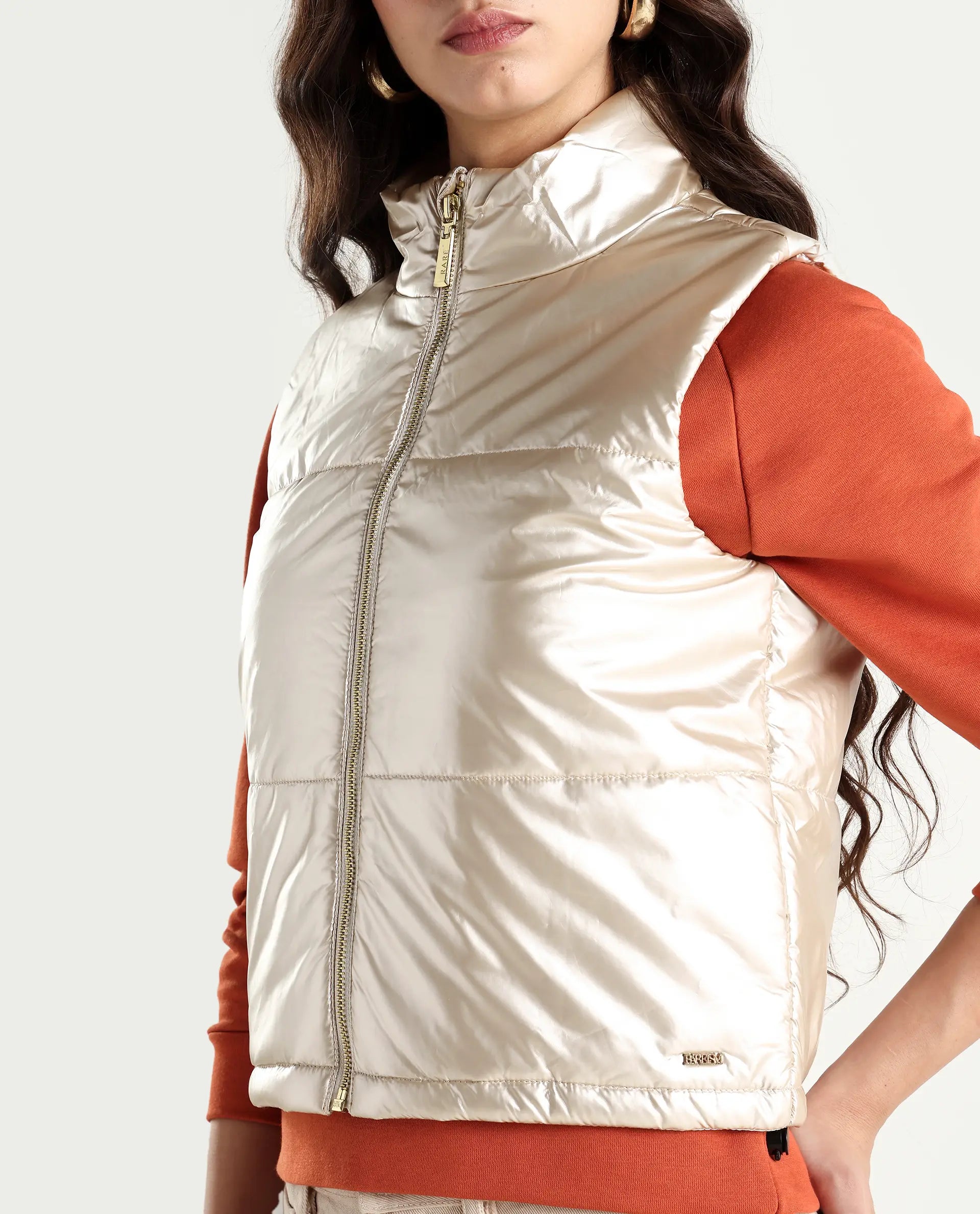 Rareism Women's Mindy Beige Polyester High Neck Plain Sleeveless Regular Fit Jacket