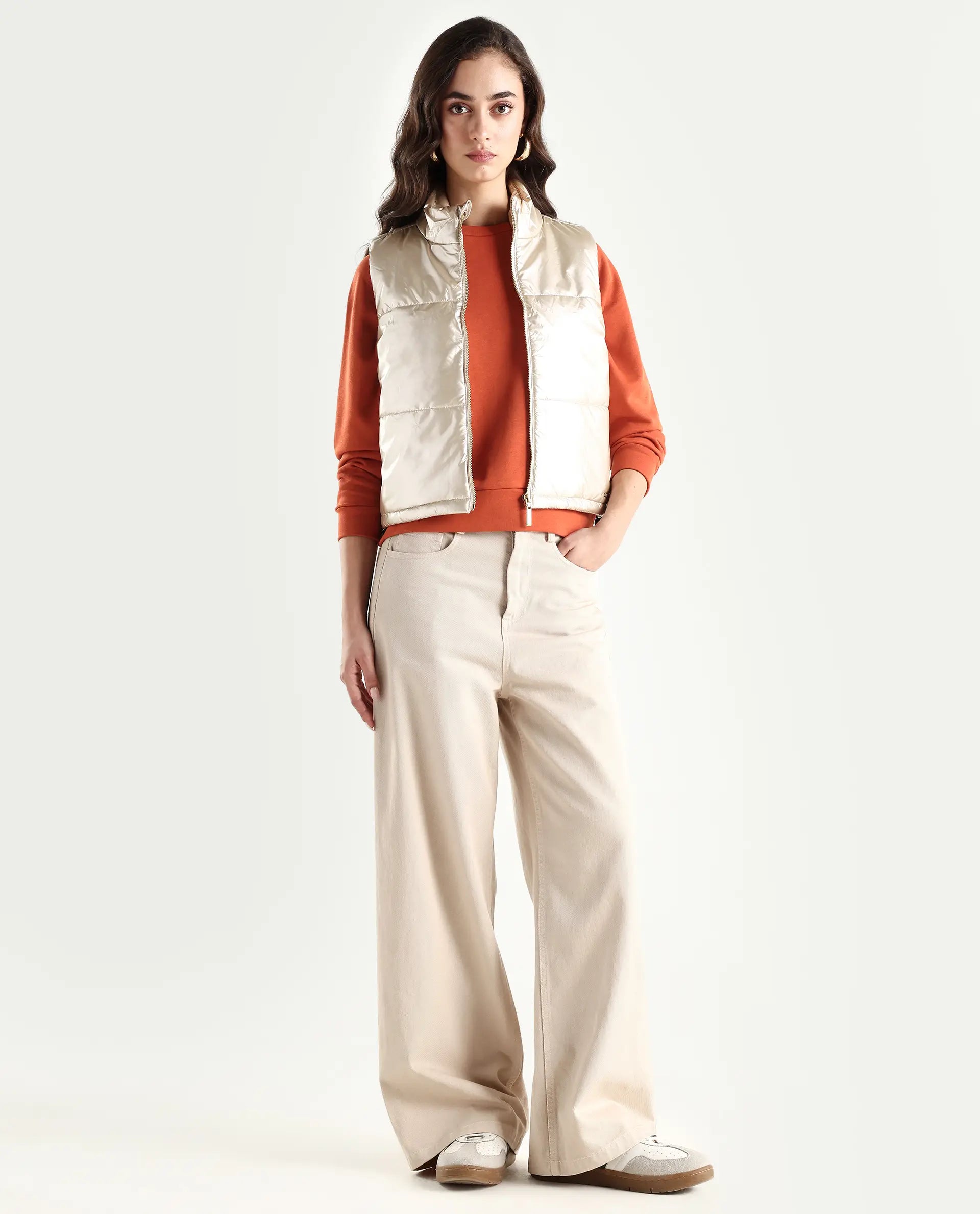 Rareism Women's Mindy Beige Polyester High Neck Plain Sleeveless Regular Fit Jacket