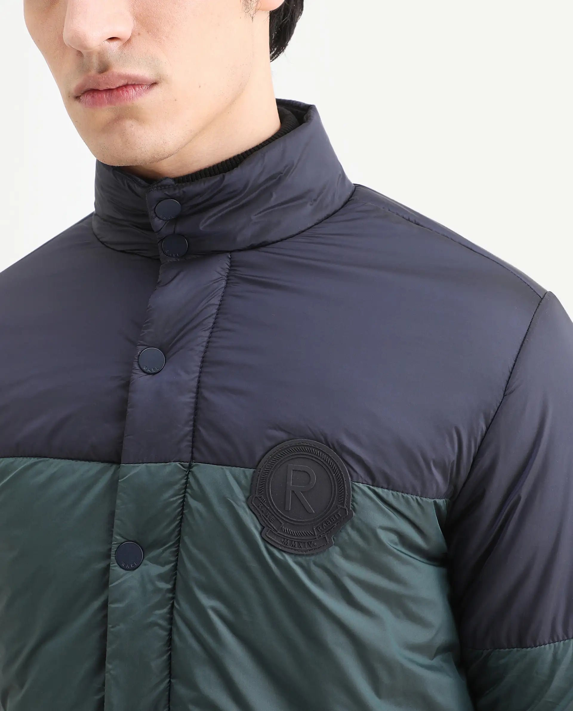 Rare Rabbit Men's Clare Navy Polyester Ombre Relaxed Fit Full Sleeve High Neck Jacket