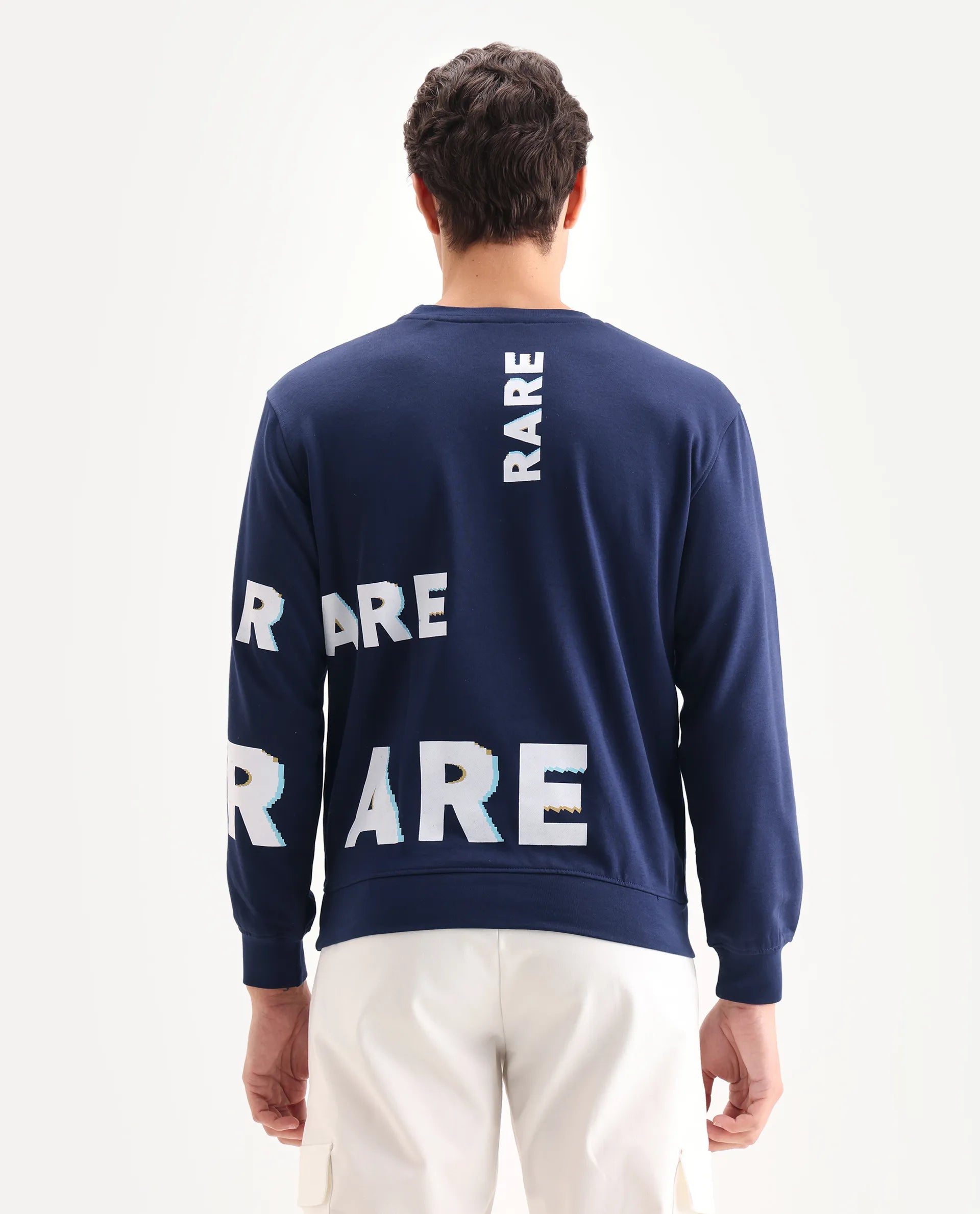 Rare Rabbit Men's Clovis Navy Cotton Monogram Print Regular Fit Full Sleeve Crew Neck Sweatshirt