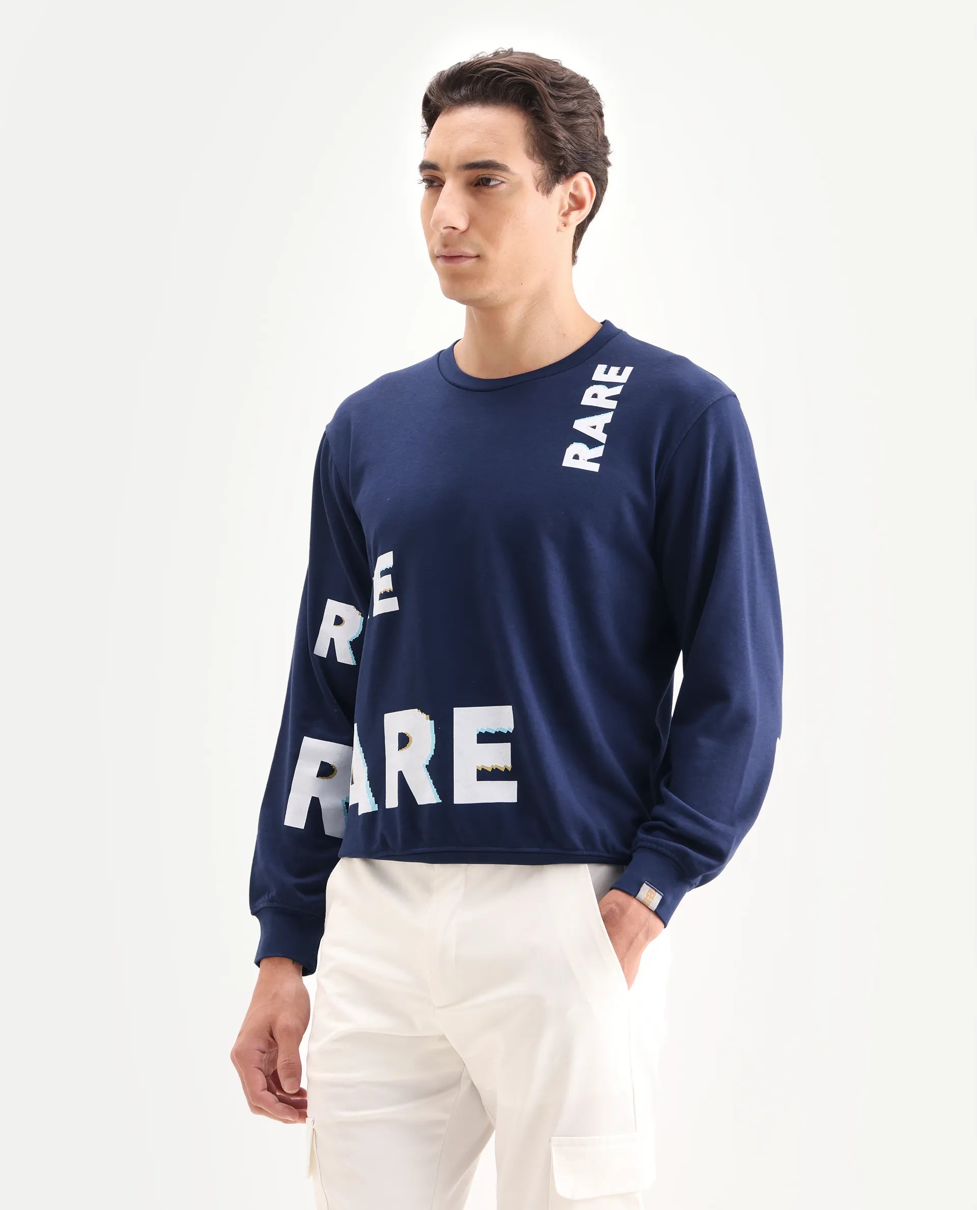 Rare Rabbit Men's Clovis Navy Cotton Monogram Print Regular Fit Full Sleeve Crew Neck Sweatshirt